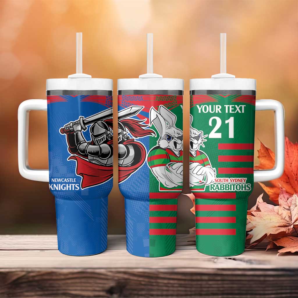 Knights and Rabbitohs Mascot Together Custom Stanley Quencher 40oz Stainless Steel Tumbler With Handle