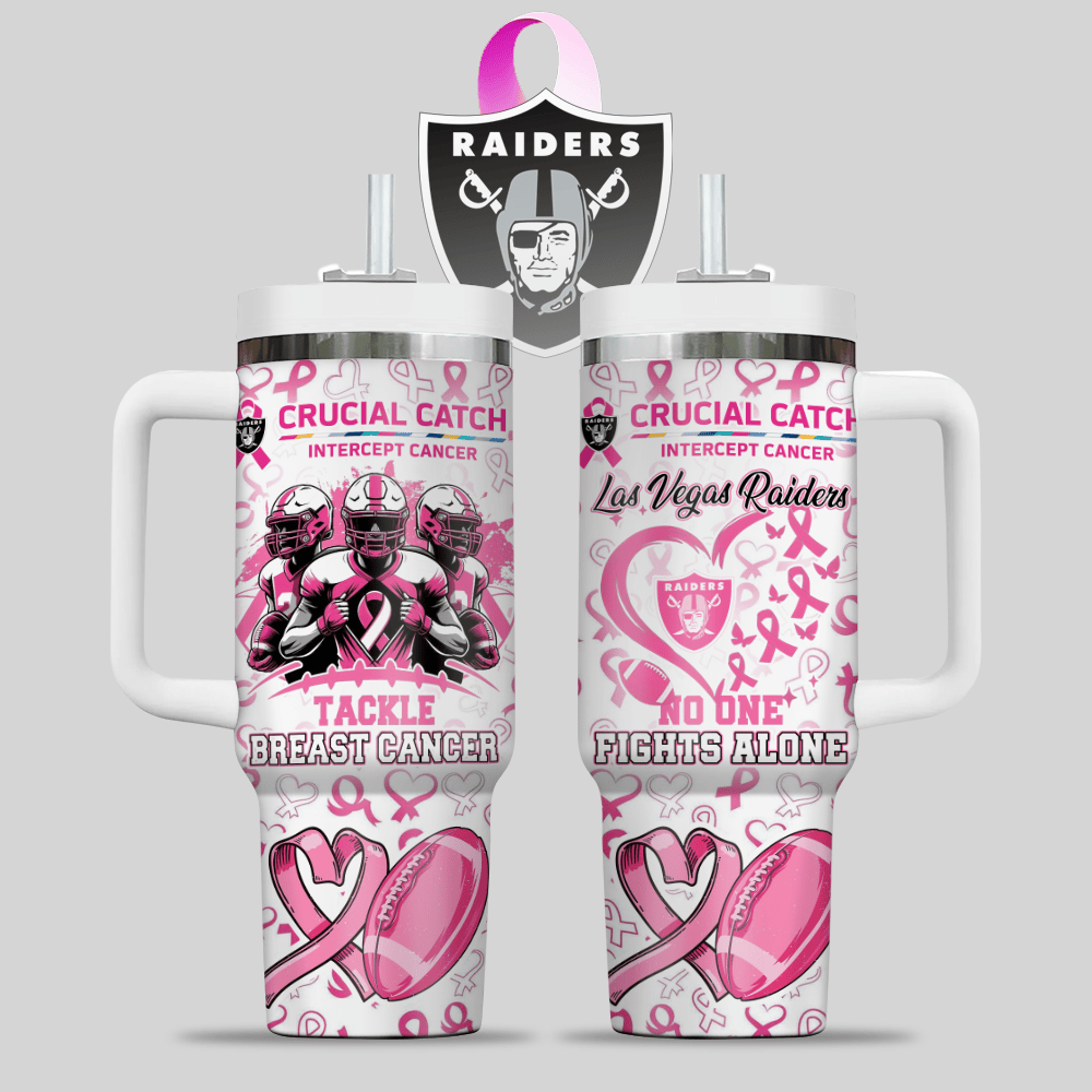 Las Vegas Raiders NFL x Breast Cancer Awareness Custom Stanley Quencher 40oz Stainless Steel Tumbler With Handle