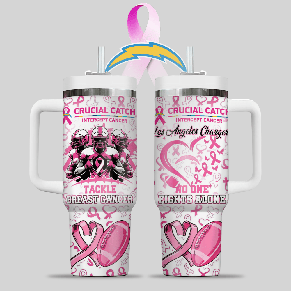 Los Angeles Chargers NFL x Breast Cancer Awareness Custom Stanley Quencher 40oz Stainless Steel Tumbler With Handle