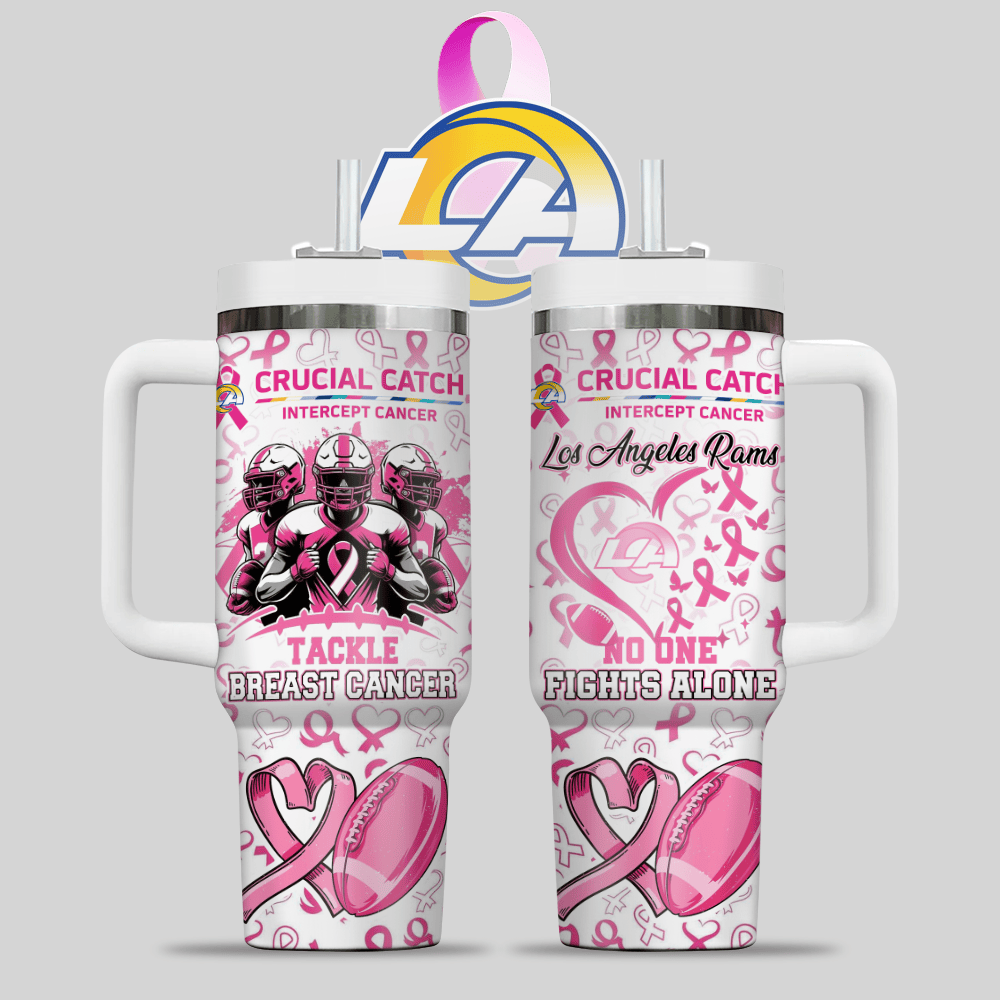 Los Angeles Rams NFL x Breast Cancer Awareness Custom Stanley Quencher 40oz Stainless Steel Tumbler With Handle