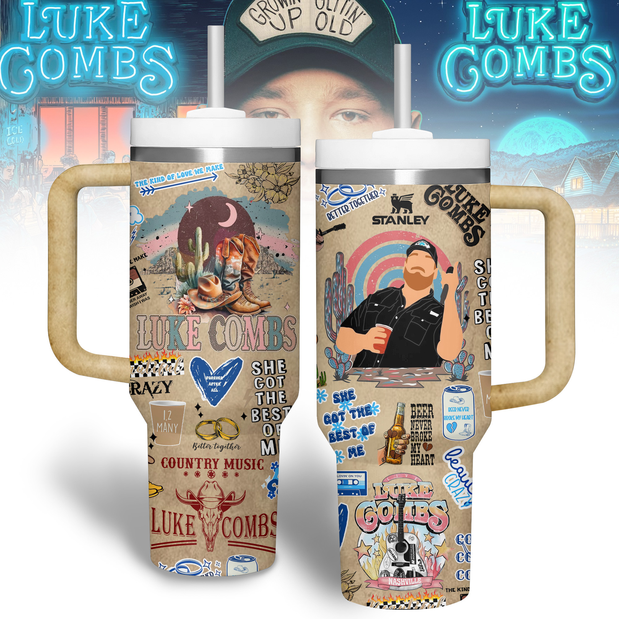 Luke Bryan Music Custom Stanley Quencher 40oz Stainless Steel Tumbler With Handle