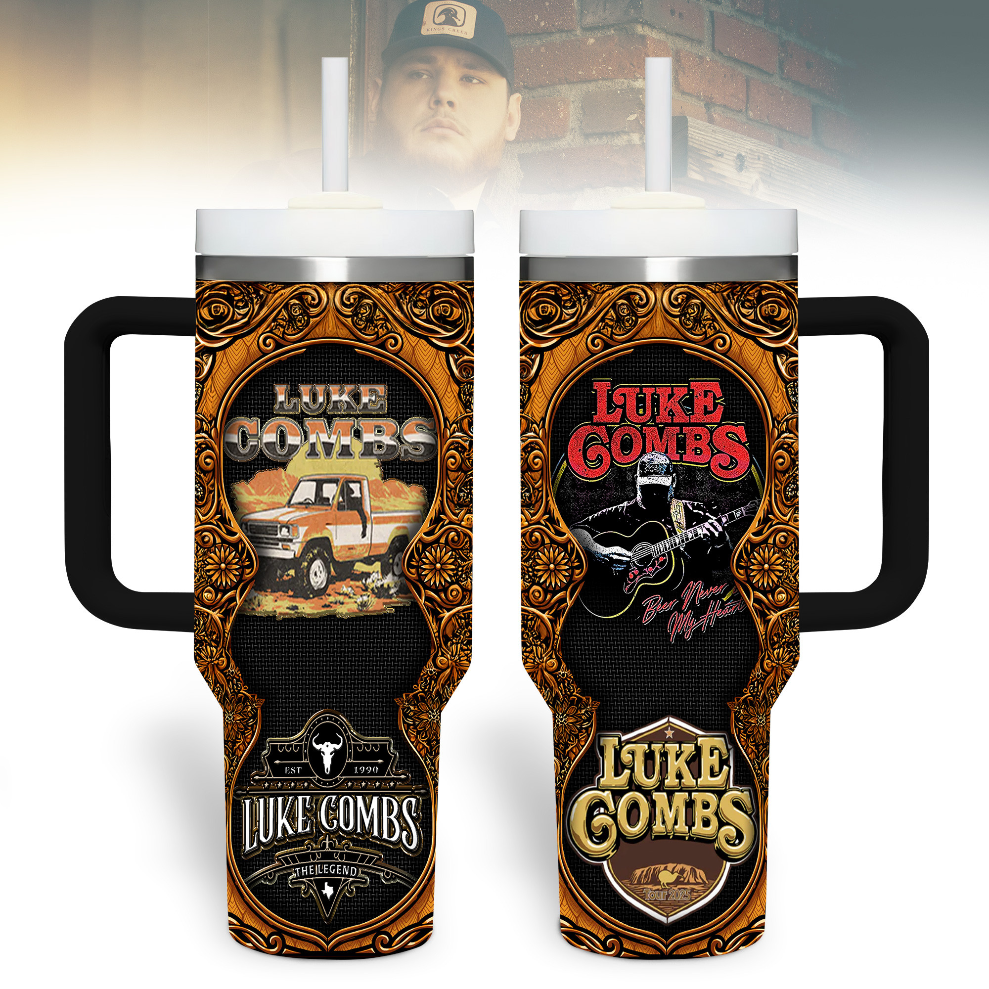 Luke Combs Music Custom Stanley Quencher 40oz Stainless Steel Tumbler With Handle