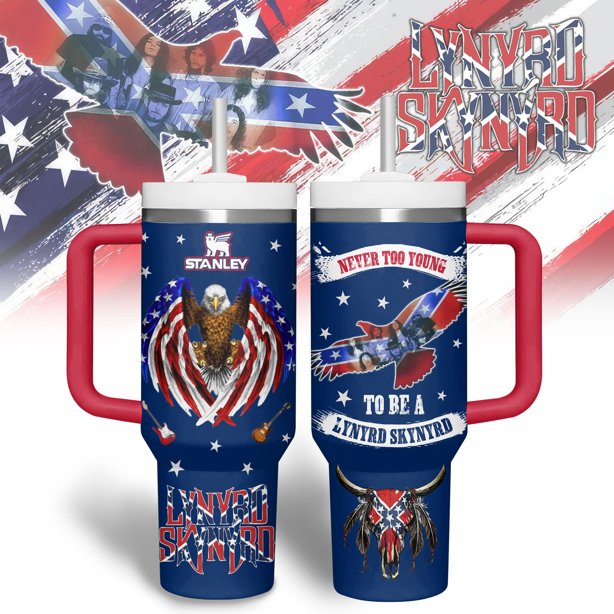 Lynyrd Skynyrd Music Custom Stanley Quencher 40oz Stainless Steel Tumbler With Handle
