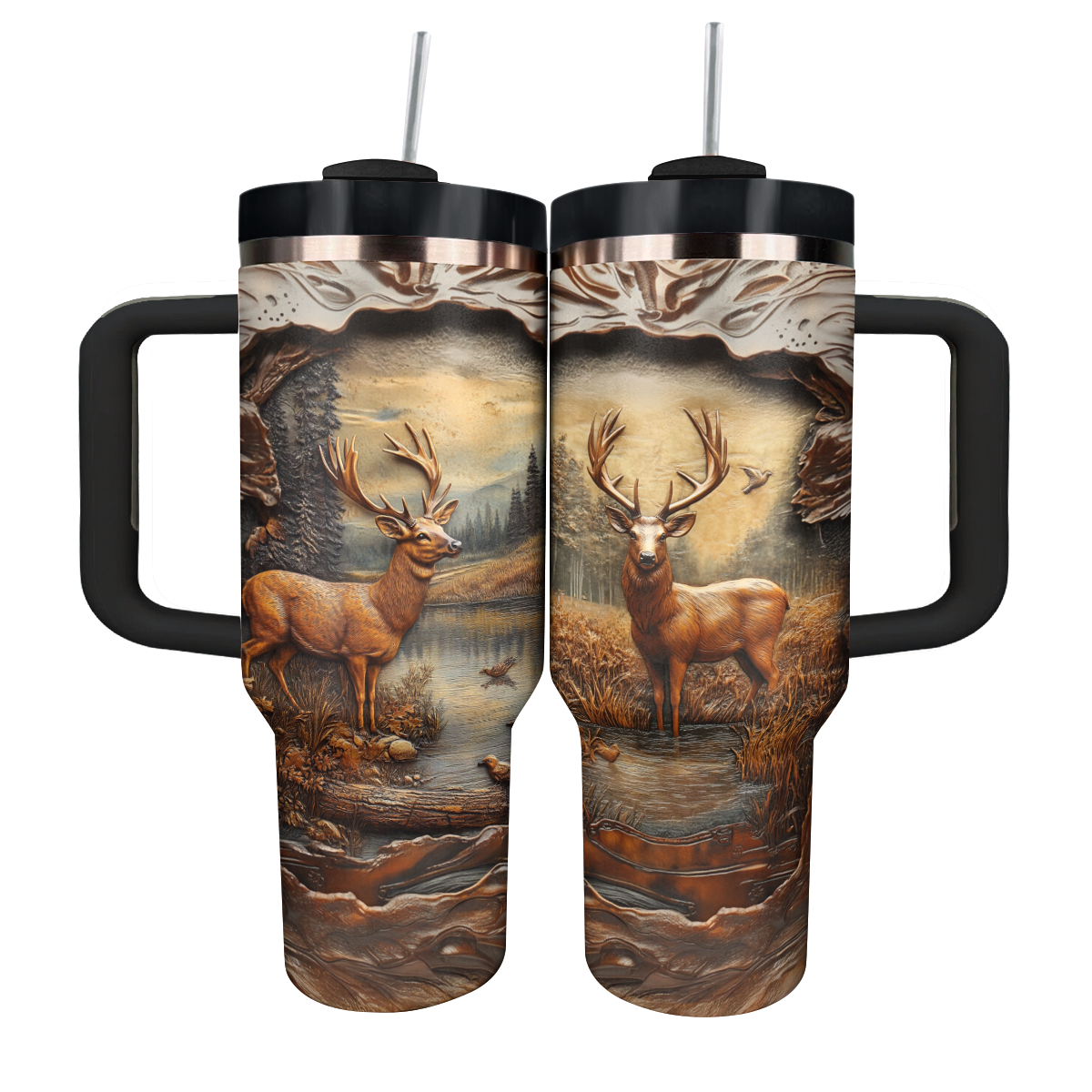 Majestic Forest Deer Custom Stanley Quencher 40oz Stainless Steel Tumbler With Handle