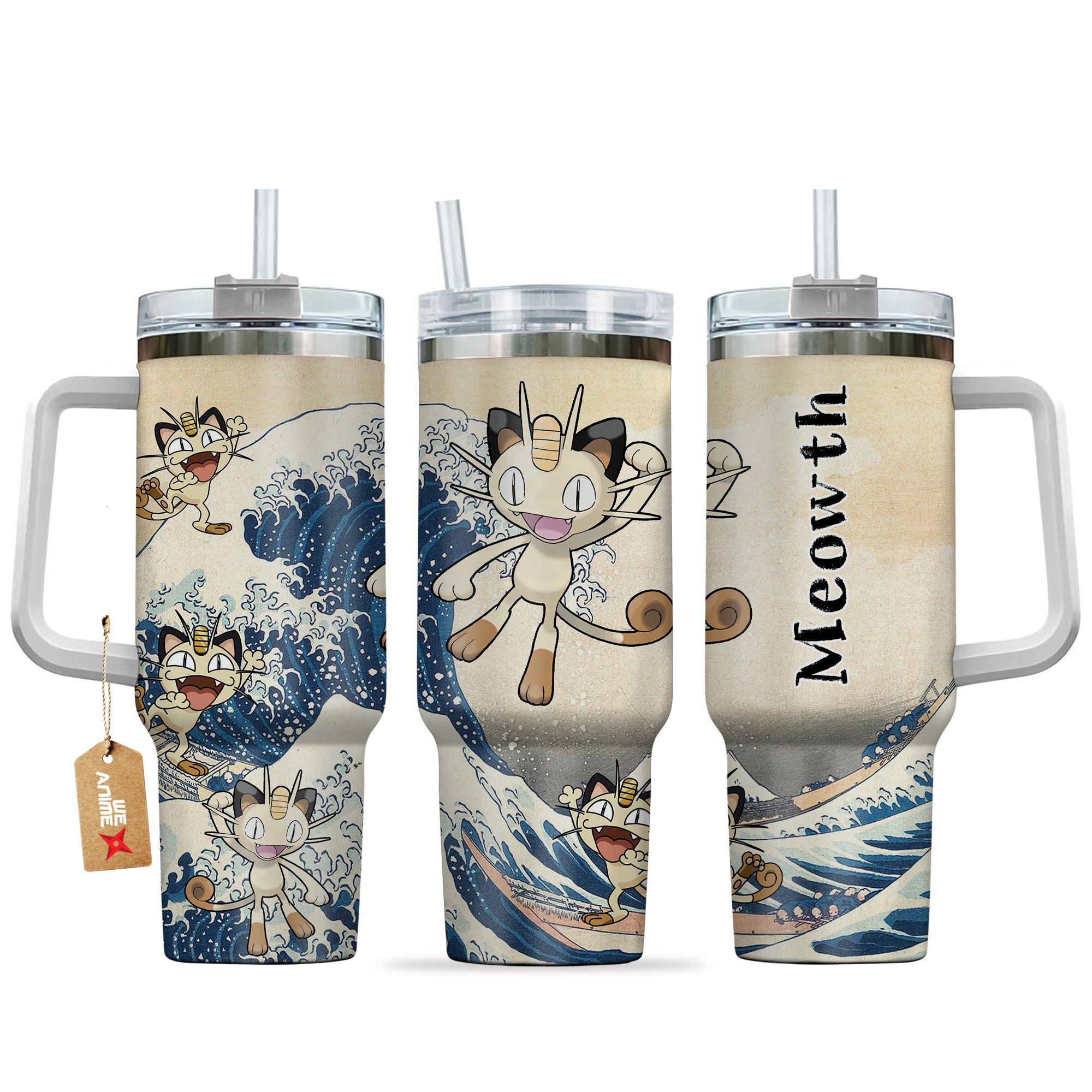 Meowth Pokemon Anime Custom Stanley Quencher 40oz Stainless Steel Tumbler With Handle