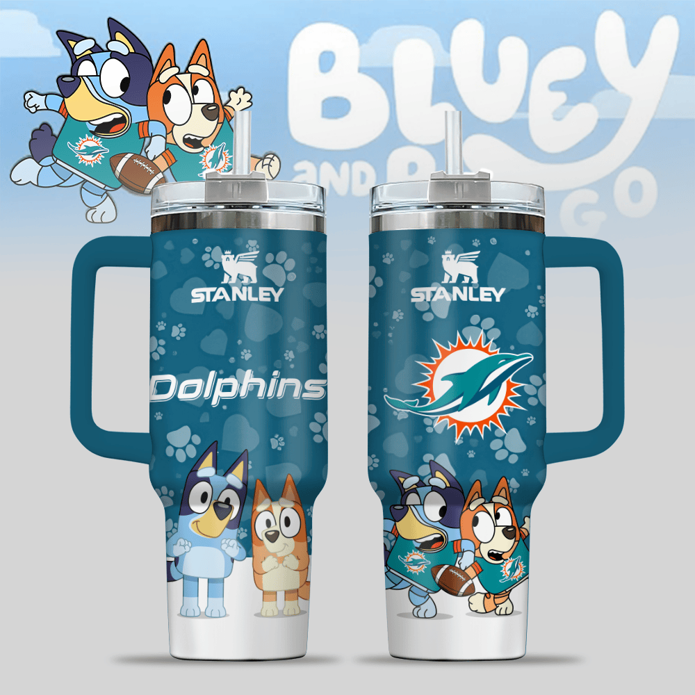 Miami Dolphins NFL x Bluey Custom Stanley Quencher 40oz Stainless Steel Tumbler With Handle