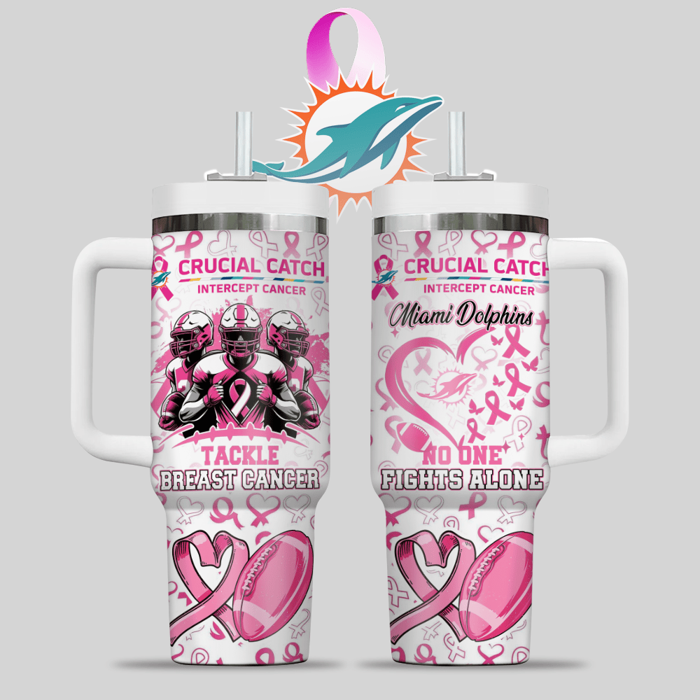 Miami Dolphins NFL x Breast Cancer Awareness Custom Stanley Quencher 40oz Stainless Steel Tumbler With Handle