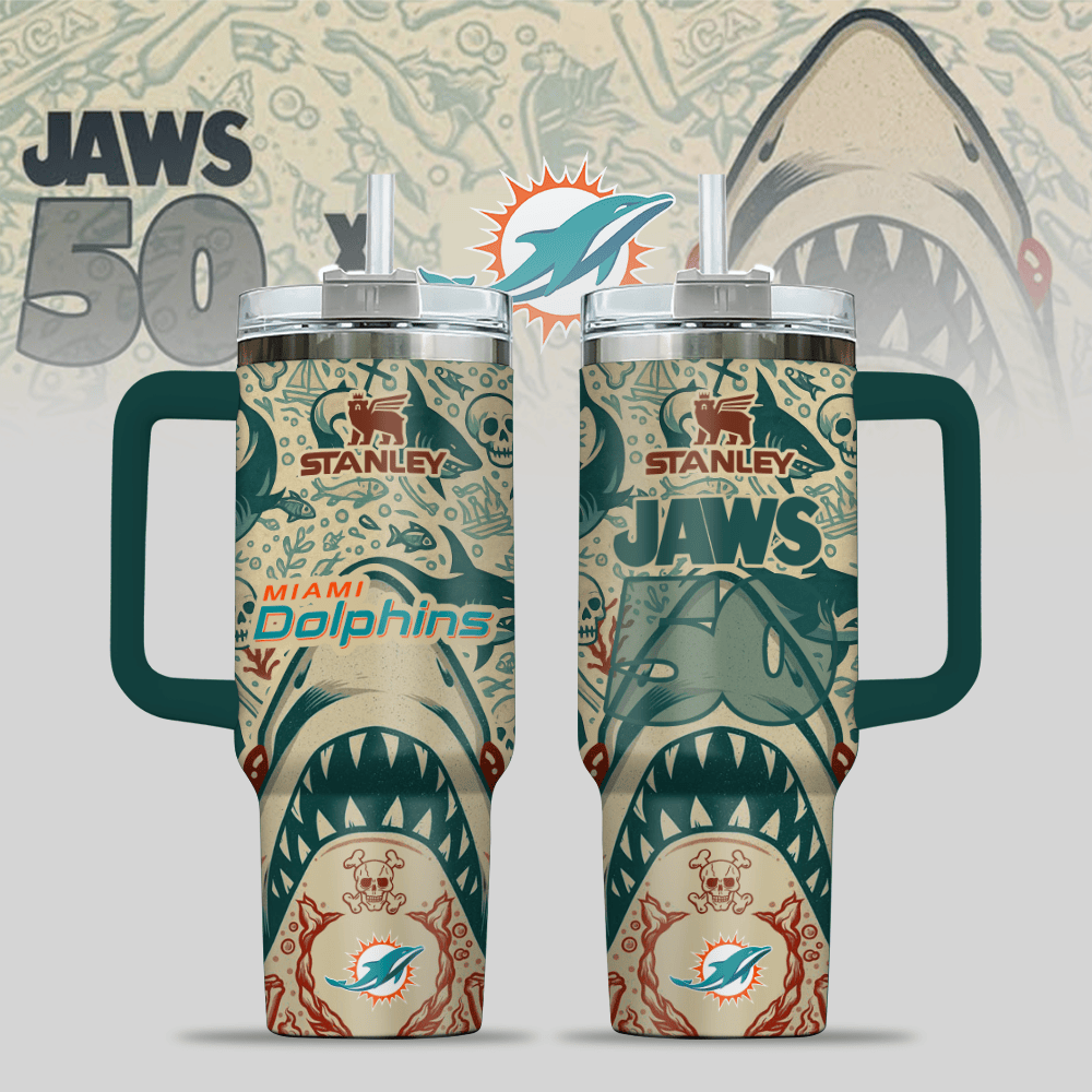 Miami Dolphins NFL x JAWS Custom Stanley Quencher 40oz Stainless Steel Tumbler With Handle
