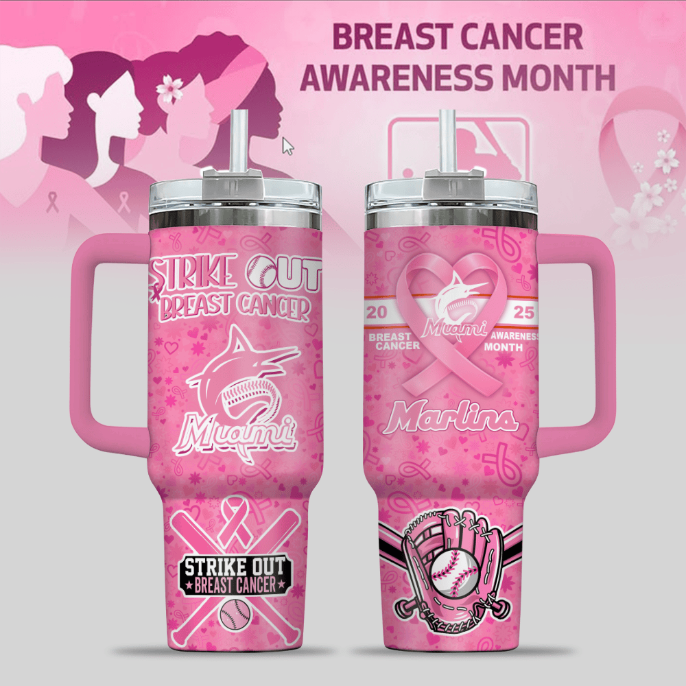 Miami Marlins MLB x Breast Cancer Awareness Custom Stanley Quencher 40oz Stainless Steel Tumbler With Handle