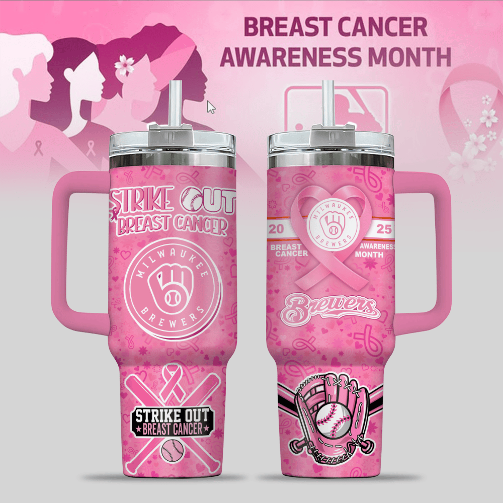 Milwaukee Brewers MLB x Breast Cancer Awareness Custom Stanley Quencher 40oz Stainless Steel Tumbler With Handle