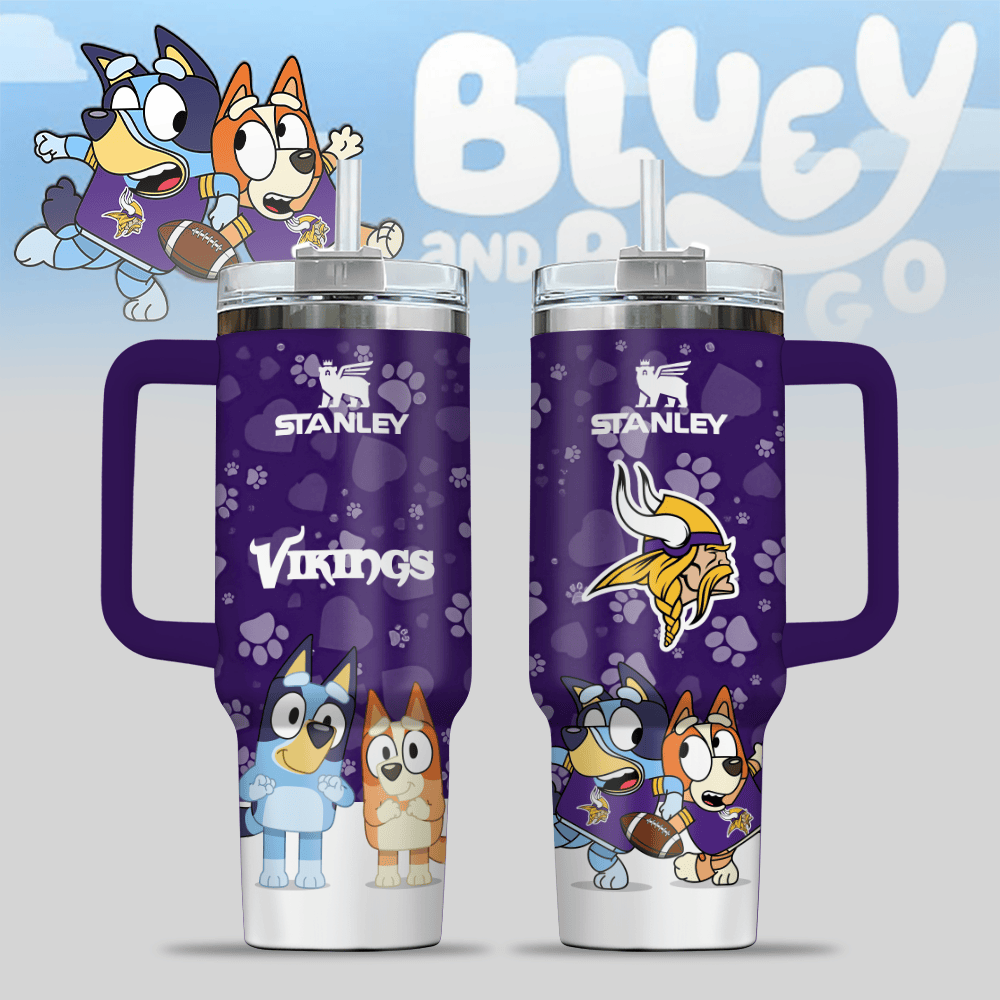 Minnesota Vikings NFL x Bluey Custom Stanley Quencher 40oz Stainless Steel Tumbler With Handle