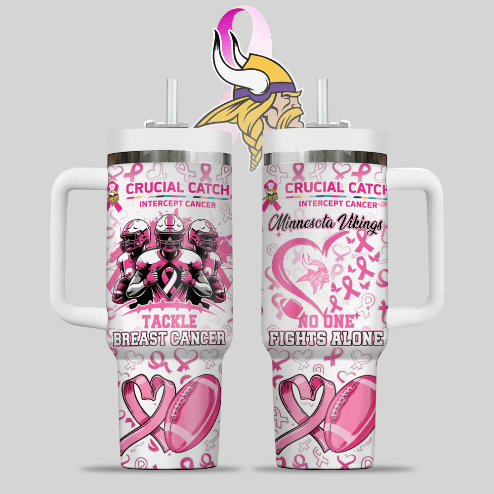 Minnesota Vikings NFL x Breast Cancer Awareness Custom Stanley Quencher 40oz Stainless Steel Tumbler With Handle