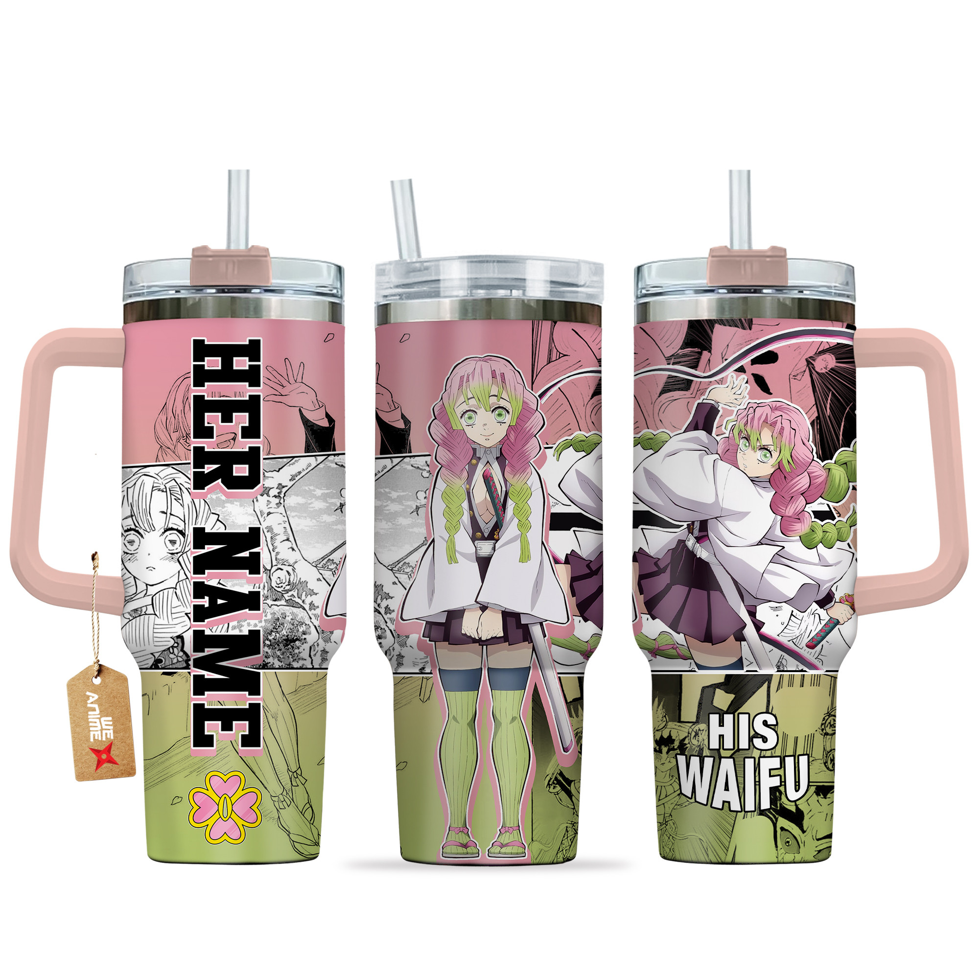 Mitsuri Kanroji Demon Slayer Anime Custom Stanley Quencher 40oz Stainless Steel Tumbler With Handle
