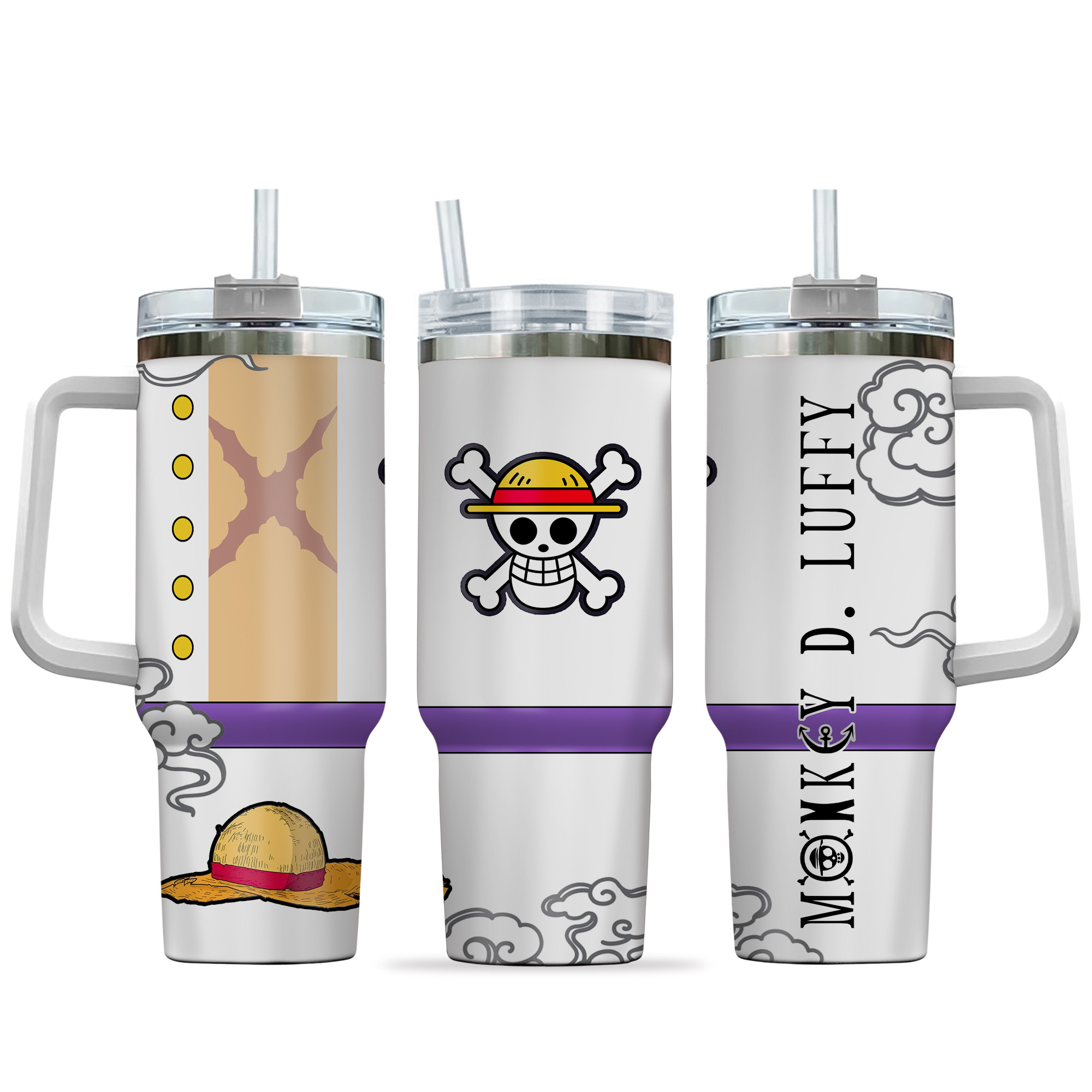 Monkey D. Luffy Gear 5 One Piece Anime Custom Stanley Quencher 40oz Stainless Steel Tumbler With Handle
