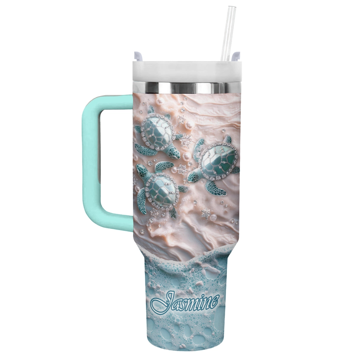 Nautical Waves and Turtle Custom Stanley Quencher 40oz Stainless Steel Tumbler With Handle