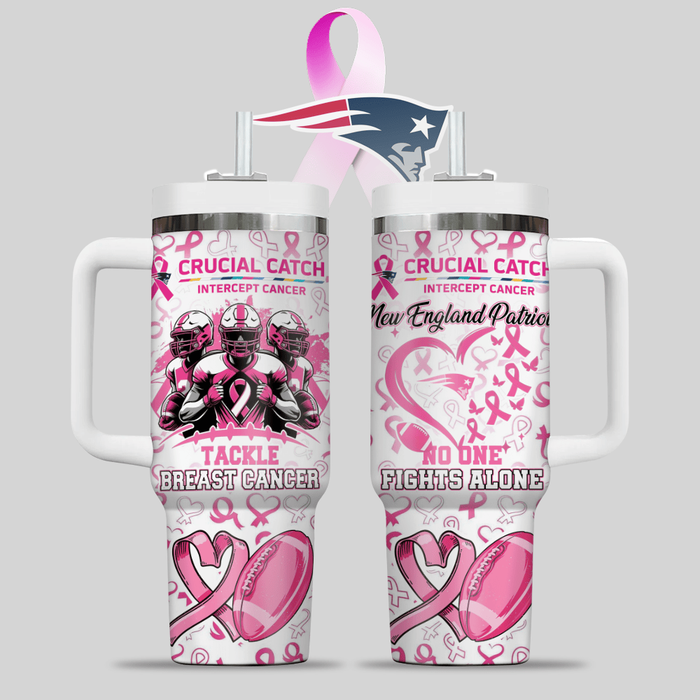 New England Patriots NFL x Breast Cancer Awareness Custom Stanley Quencher 40oz Stainless Steel Tumbler With Handle