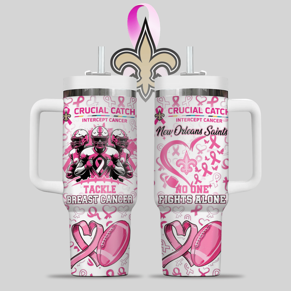 New Orleans Saints NFL x Breast Cancer Awareness Custom Stanley Quencher 40oz Stainless Steel Tumbler With Handle