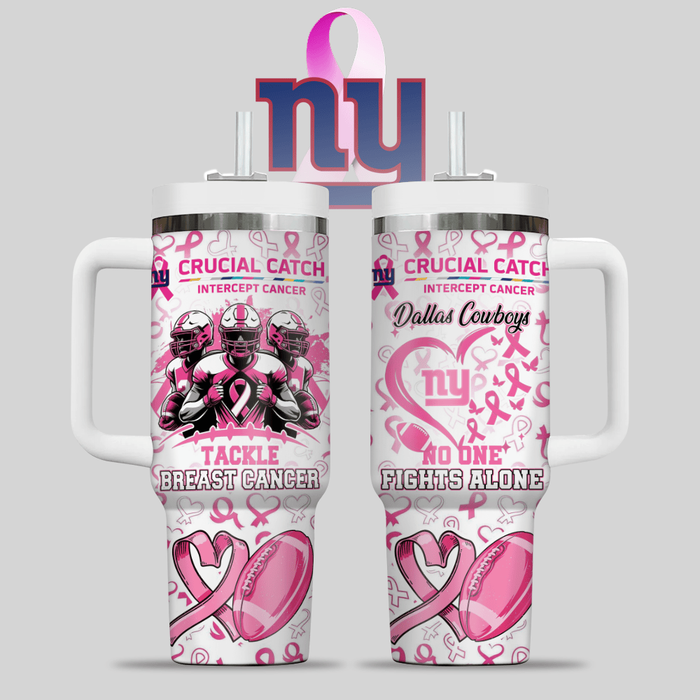 New York Giants NFL x Breast Cancer Awareness Custom Stanley Quencher 40oz Stainless Steel Tumbler With Handle
