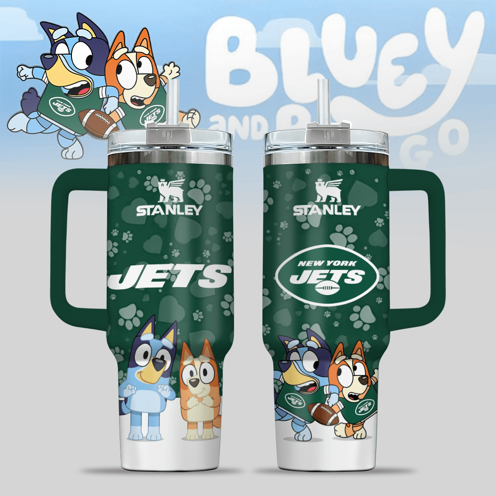New York Jets NFL x Bluey Custom Stanley Quencher 40oz Stainless Steel Tumbler With Handle