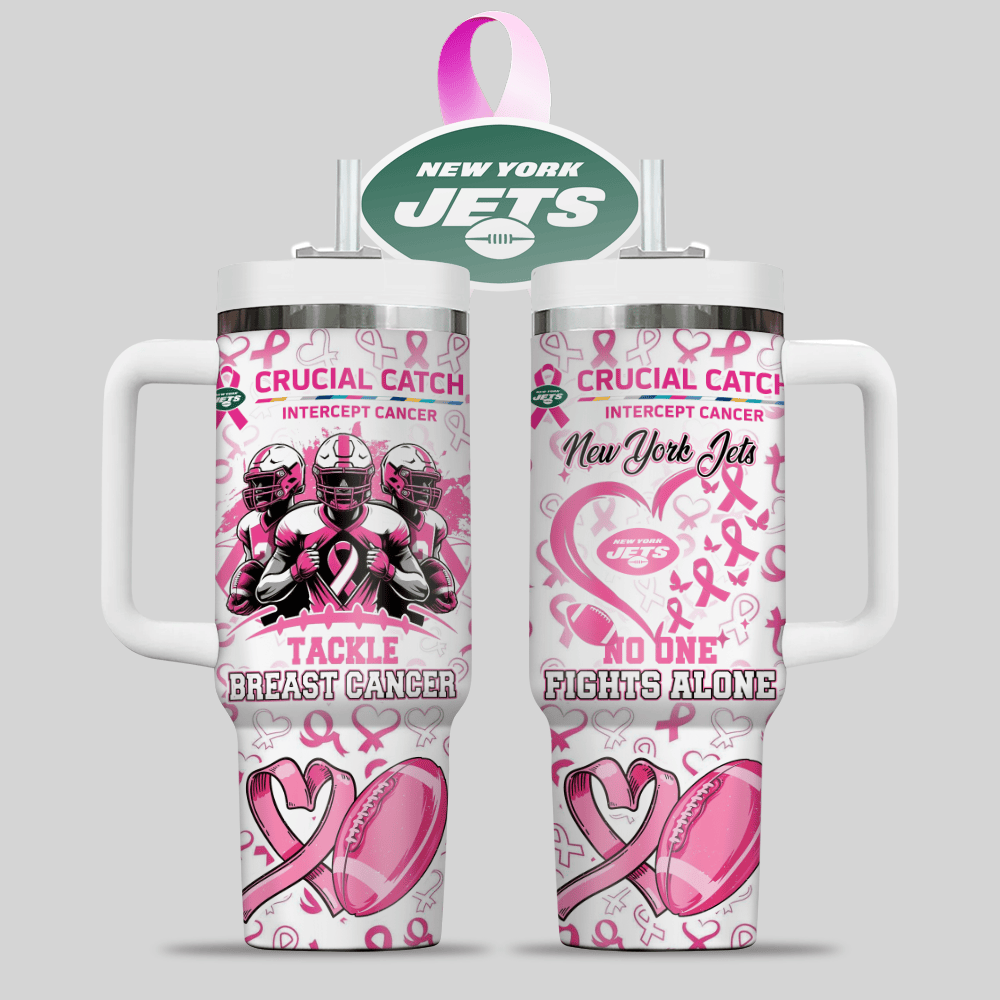 New York Jets NFL x Breast Cancer Awareness Custom Stanley Quencher 40oz Stainless Steel Tumbler With Handle