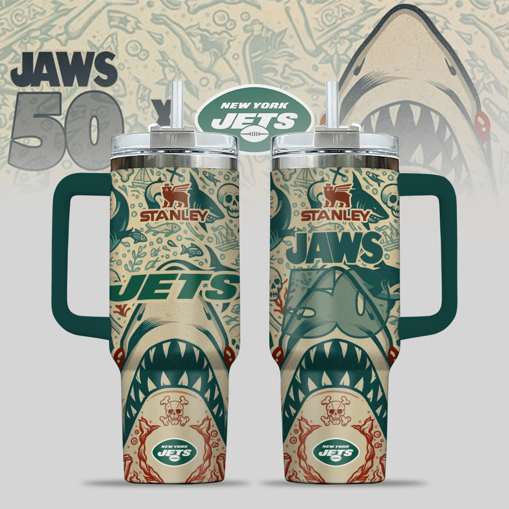 New York Jets NFL x JAWS Custom Stanley Quencher 40oz Stainless Steel Tumbler With Handle