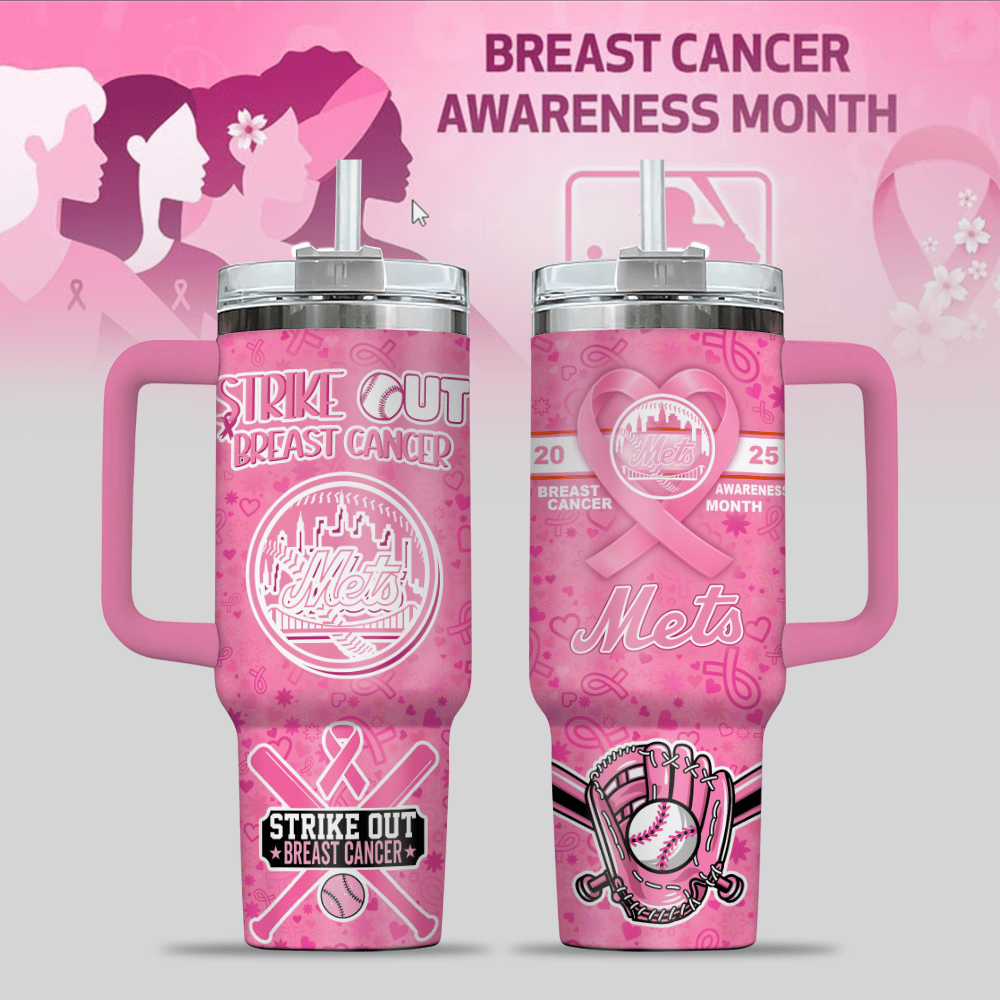 New York Mets MLB x Breast Cancer Awareness Custom Stanley Quencher 40oz Stainless Steel Tumbler With Handle