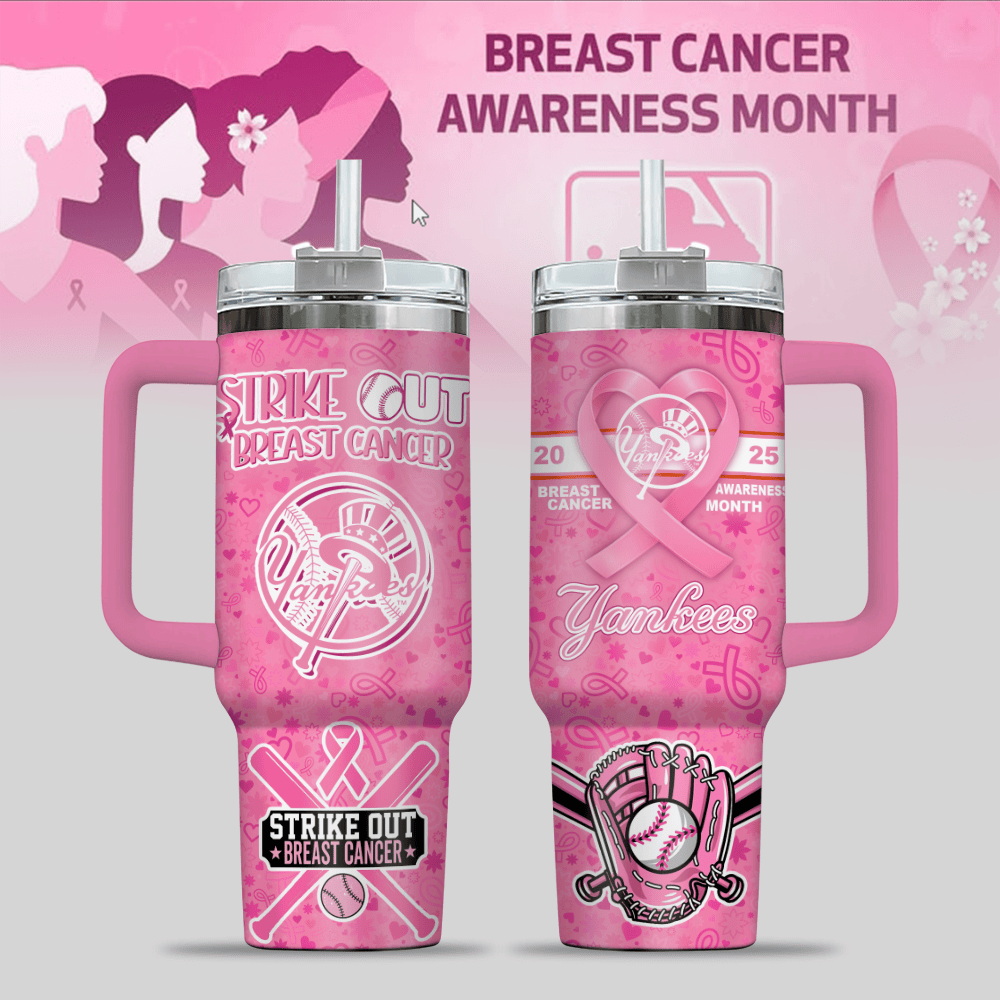 New York Yankees MLB x Breast Cancer Awareness Custom Stanley Quencher 40oz Stainless Steel Tumbler With Handle