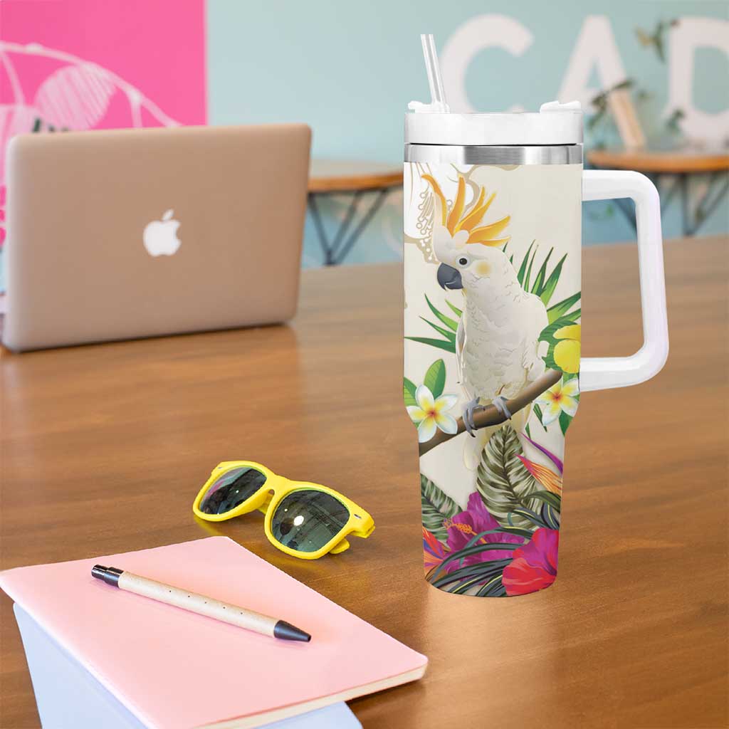 New Zealand Cacatua Galerita Aotearoa Cockatoo Tropical Flowers Custom Stanley Quencher 40oz Stainless Steel Tumbler With Handle