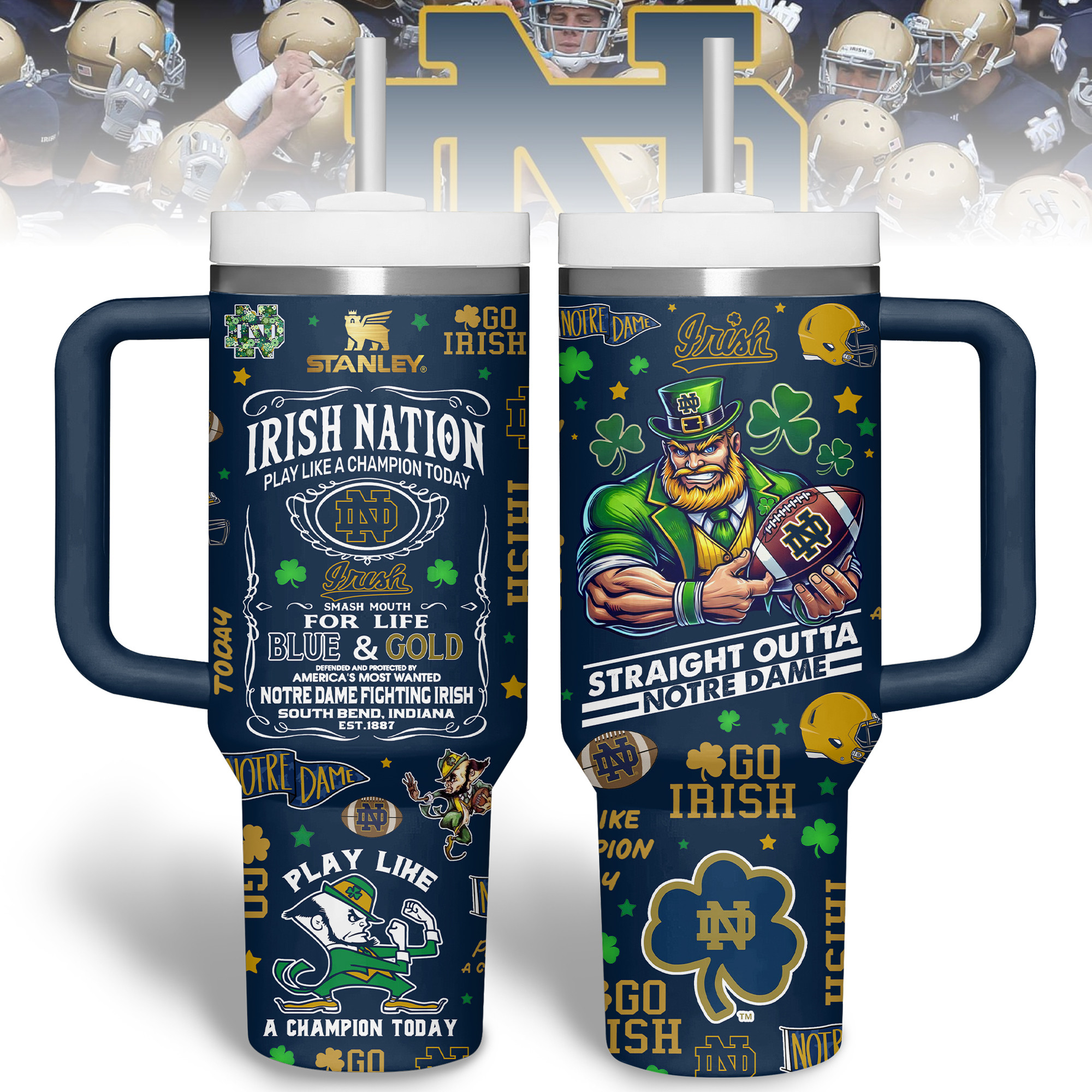 Notre Dame Fighting Irish NCAA Sports Custom Stanley Quencher 40oz Stainless Steel Tumbler With Handle