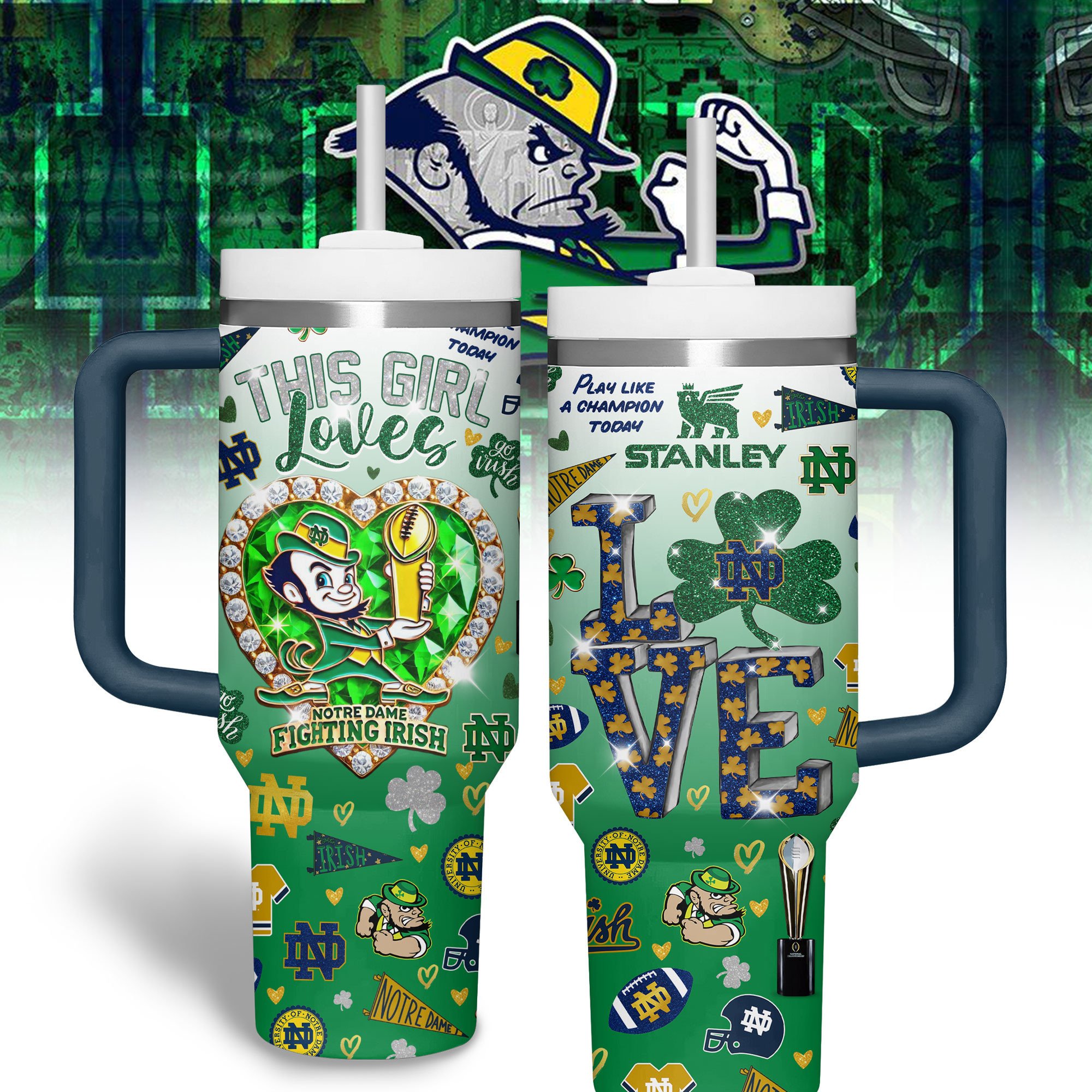 Notre Dame Fighting Irish NCAA Sports Custom Stanley Quencher 40oz Stainless Steel Tumbler With Handle