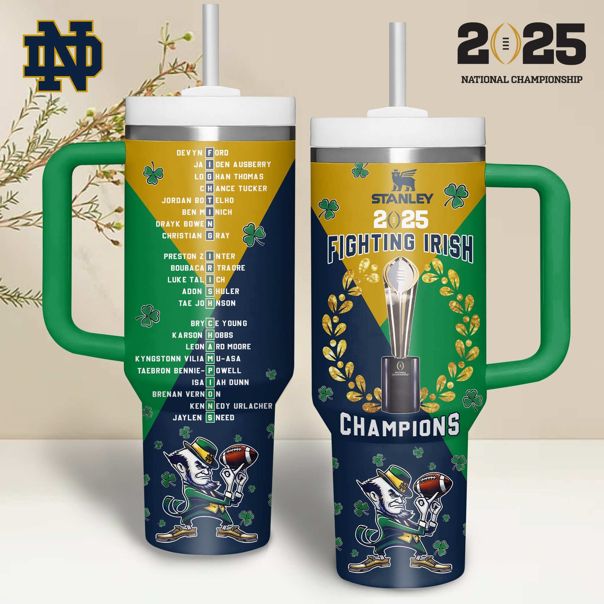 Notre Dame Fighting Irish NCAA Sports Custom Stanley Quencher 40oz Stainless Steel Tumbler With Handle