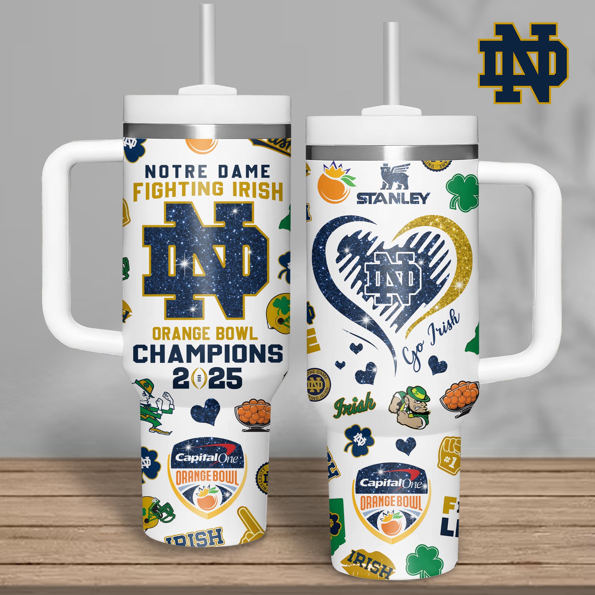Notre Dame Fighting Irish NCAA Sports Custom Stanley Quencher 40oz Stainless Steel Tumbler With Handle