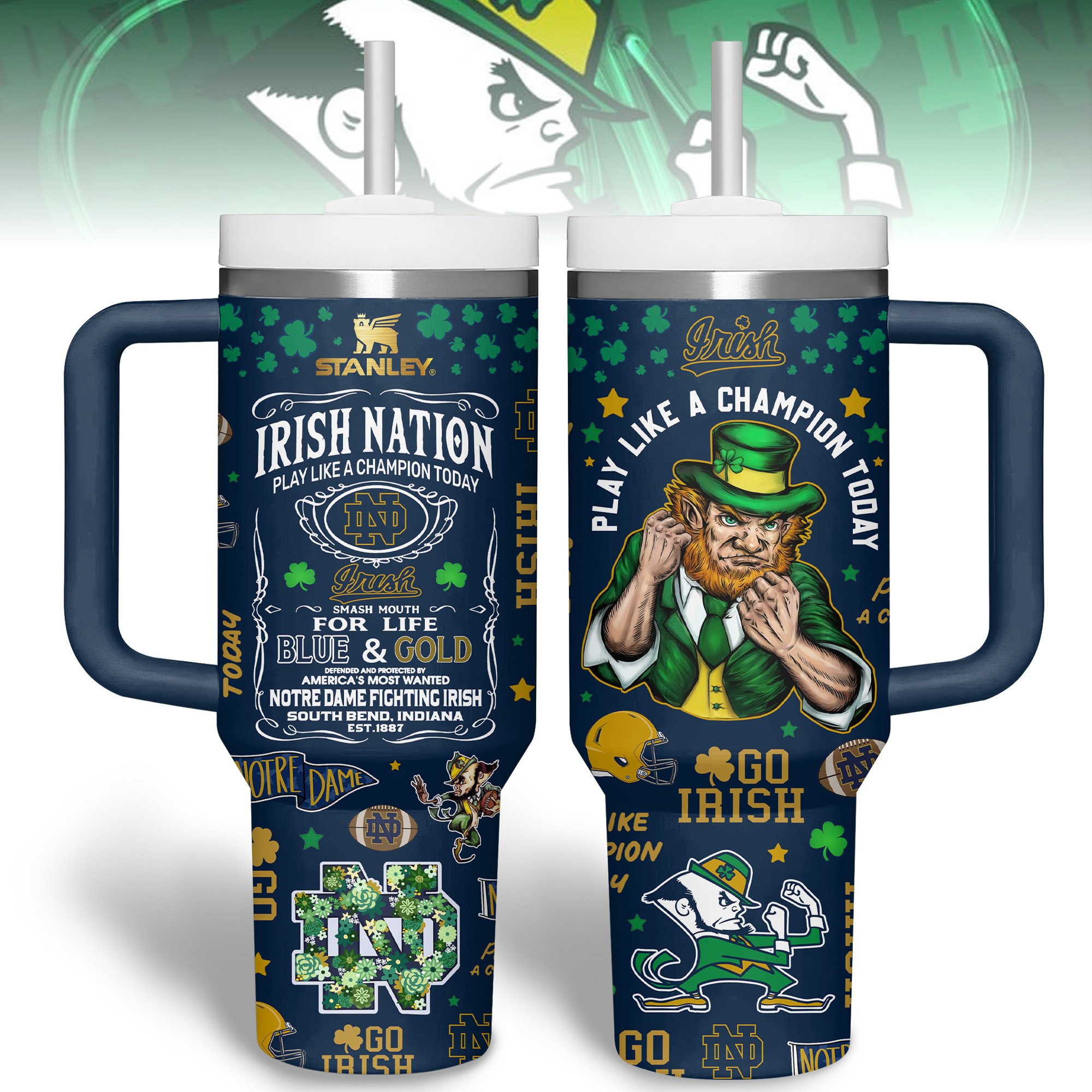 Notre Dame Fighting Irish NCAA Sports Custom Stanley Quencher 40oz Stainless Steel Tumbler With Handle