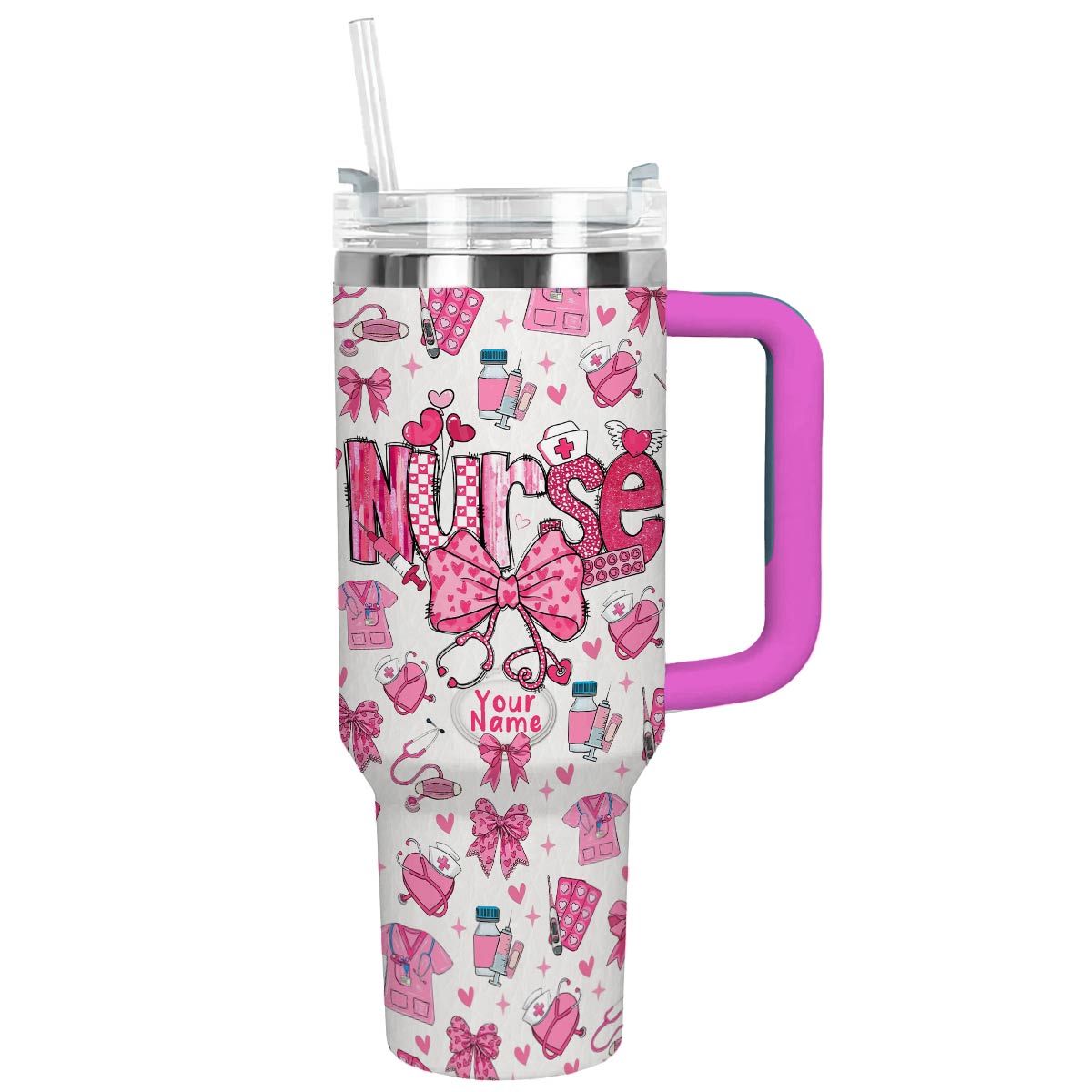 Nurse Valentine Custom Stanley Quencher 40oz Stainless Steel Tumbler With Handle