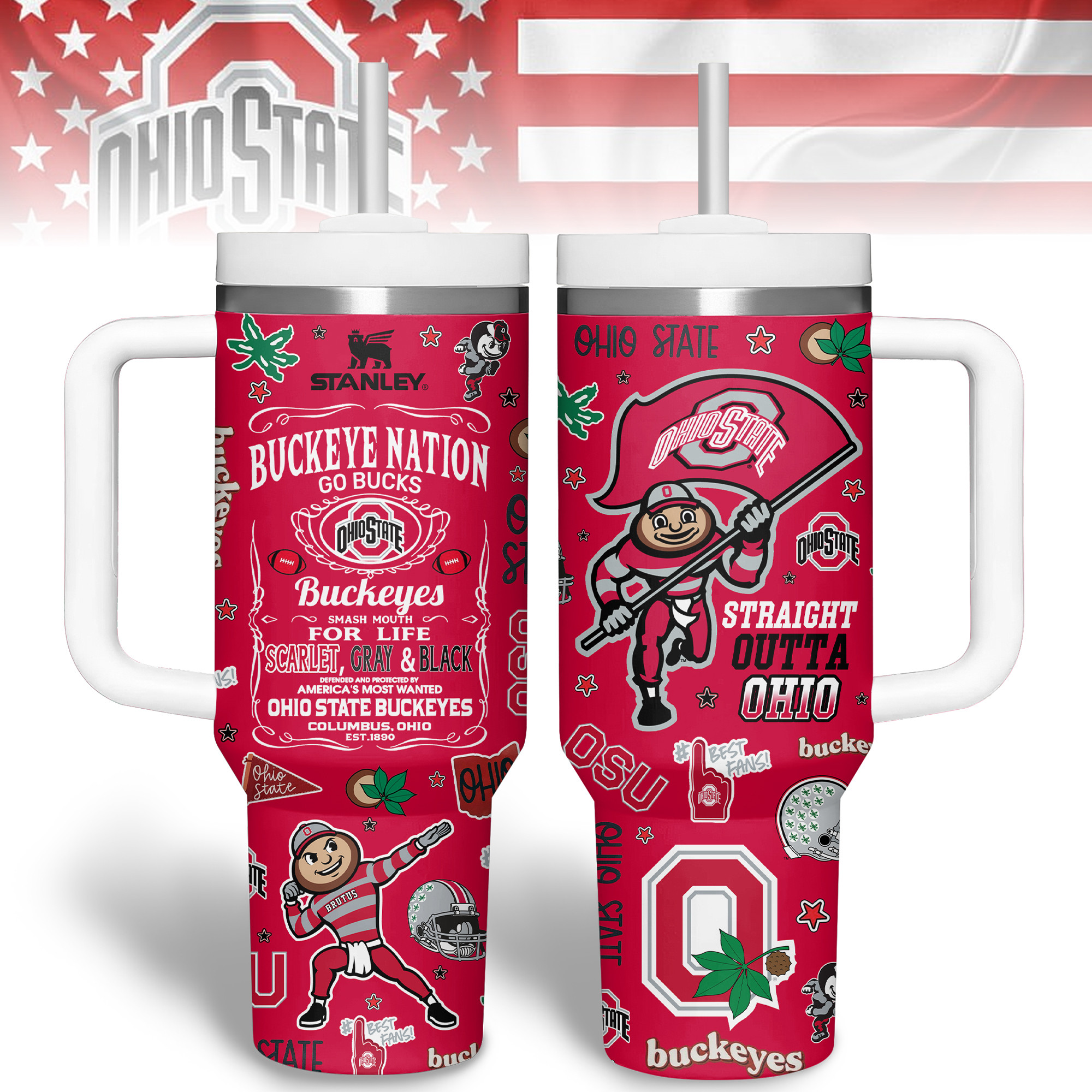 Ohio State Buckeyes NCAA Sports Custom Stanley Quencher 40oz Stainless Steel Tumbler With Handle