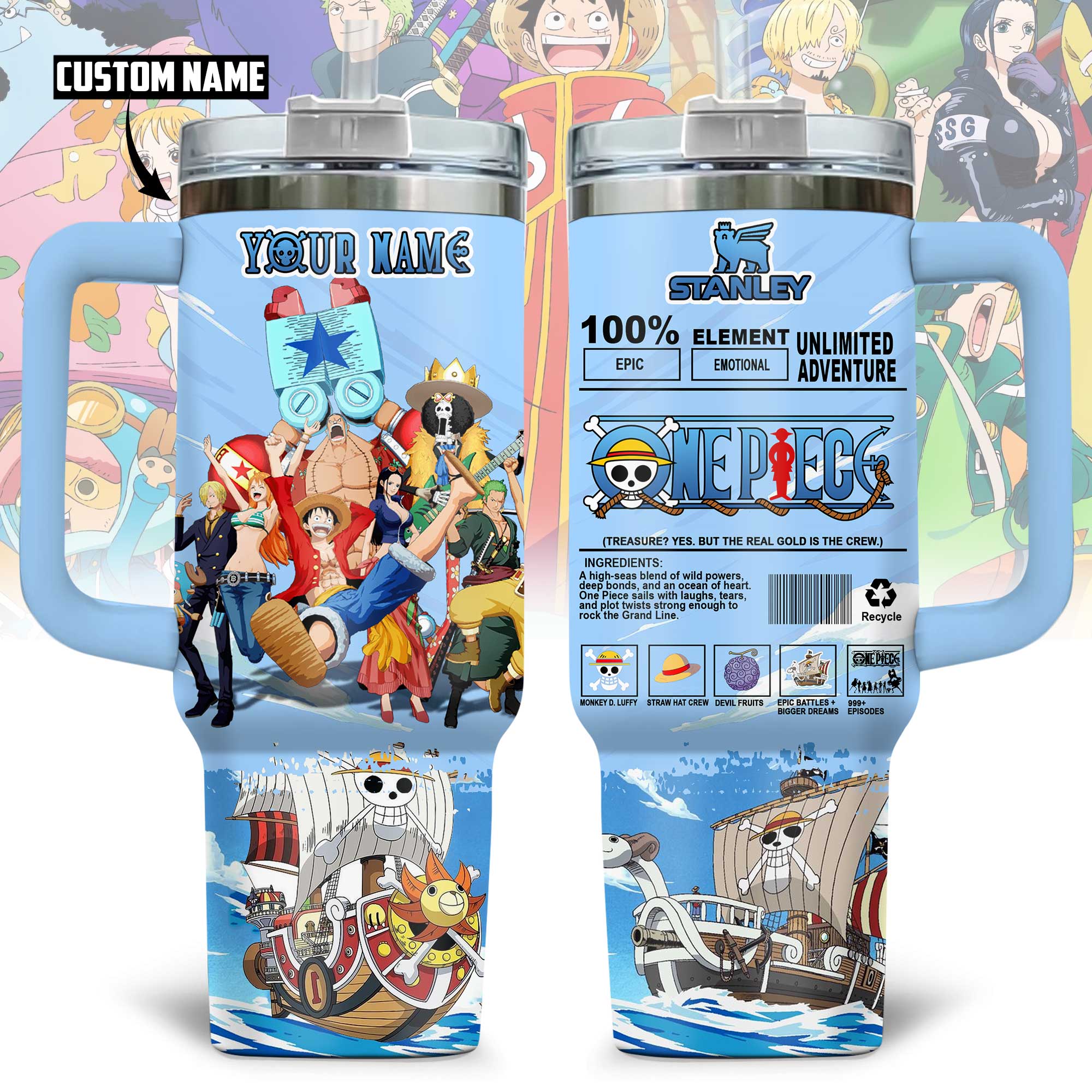One Piece Anime Custom Stanley Quencher 40oz Stainless Steel Tumbler With Handle