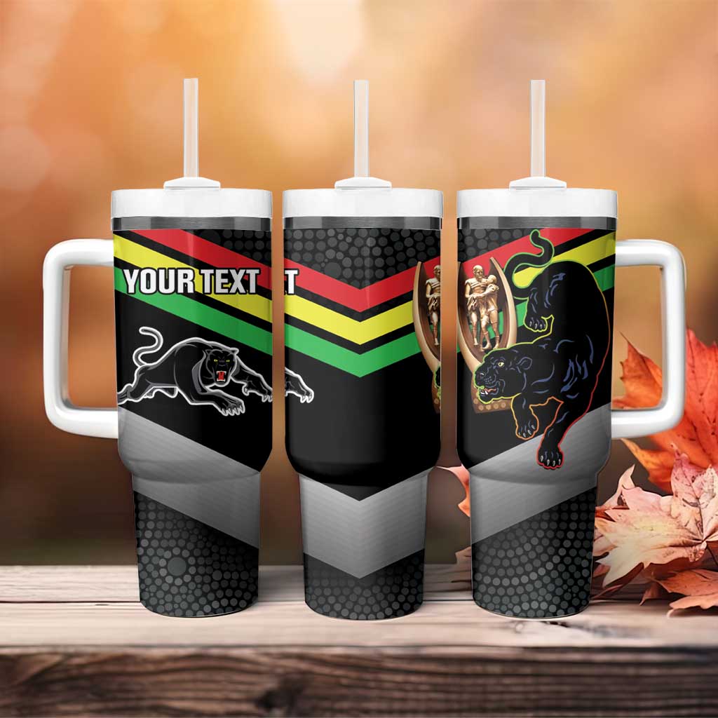 Panthers Rugby 2024 Mascot With Trophy Go Champions Aboriginal Art Custom Stanley Quencher 40oz Stainless Steel Tumbler With Handle