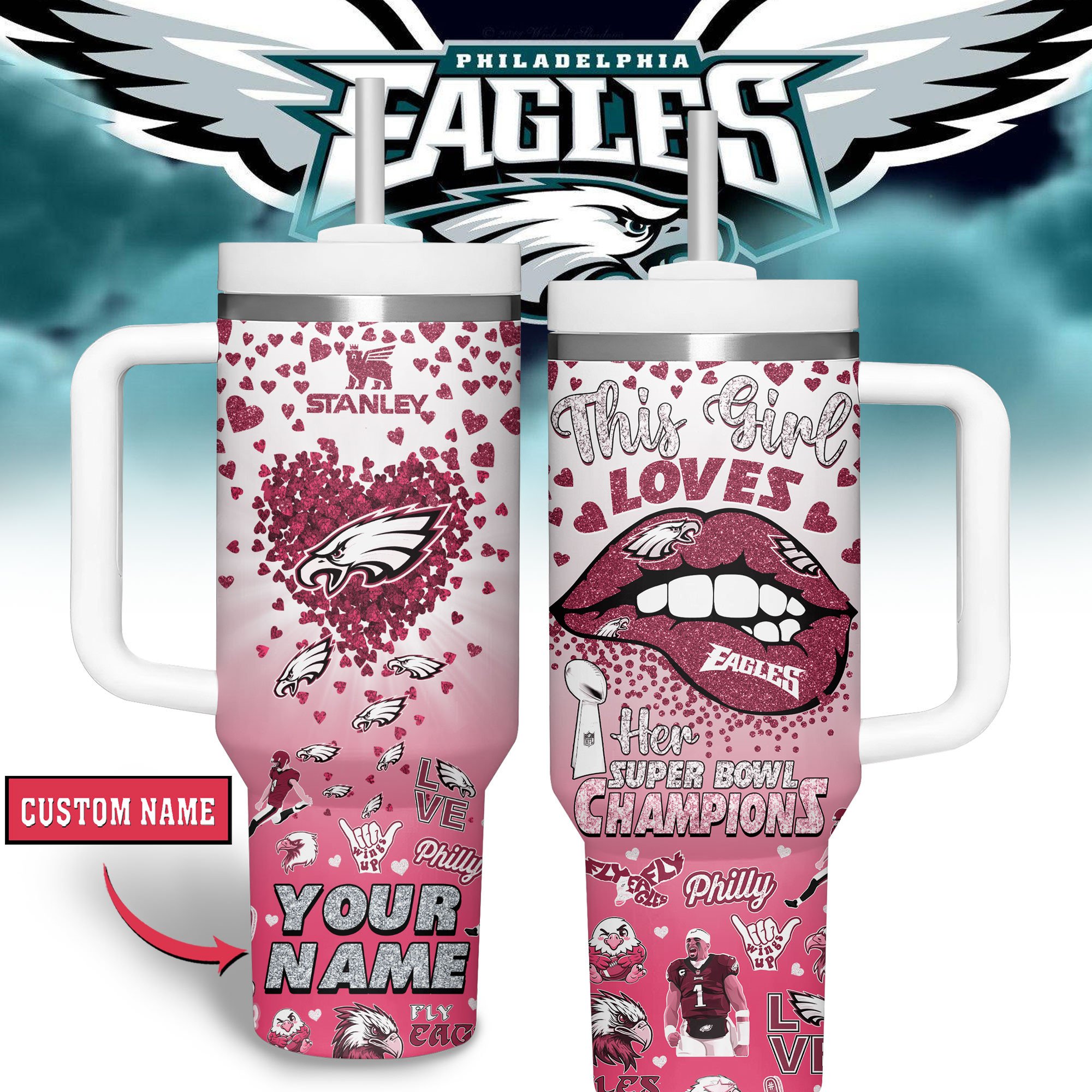 Philadelphia Eagles NFL Sports Custom Stanley Quencher 40oz Stainless Steel Tumbler With Handle