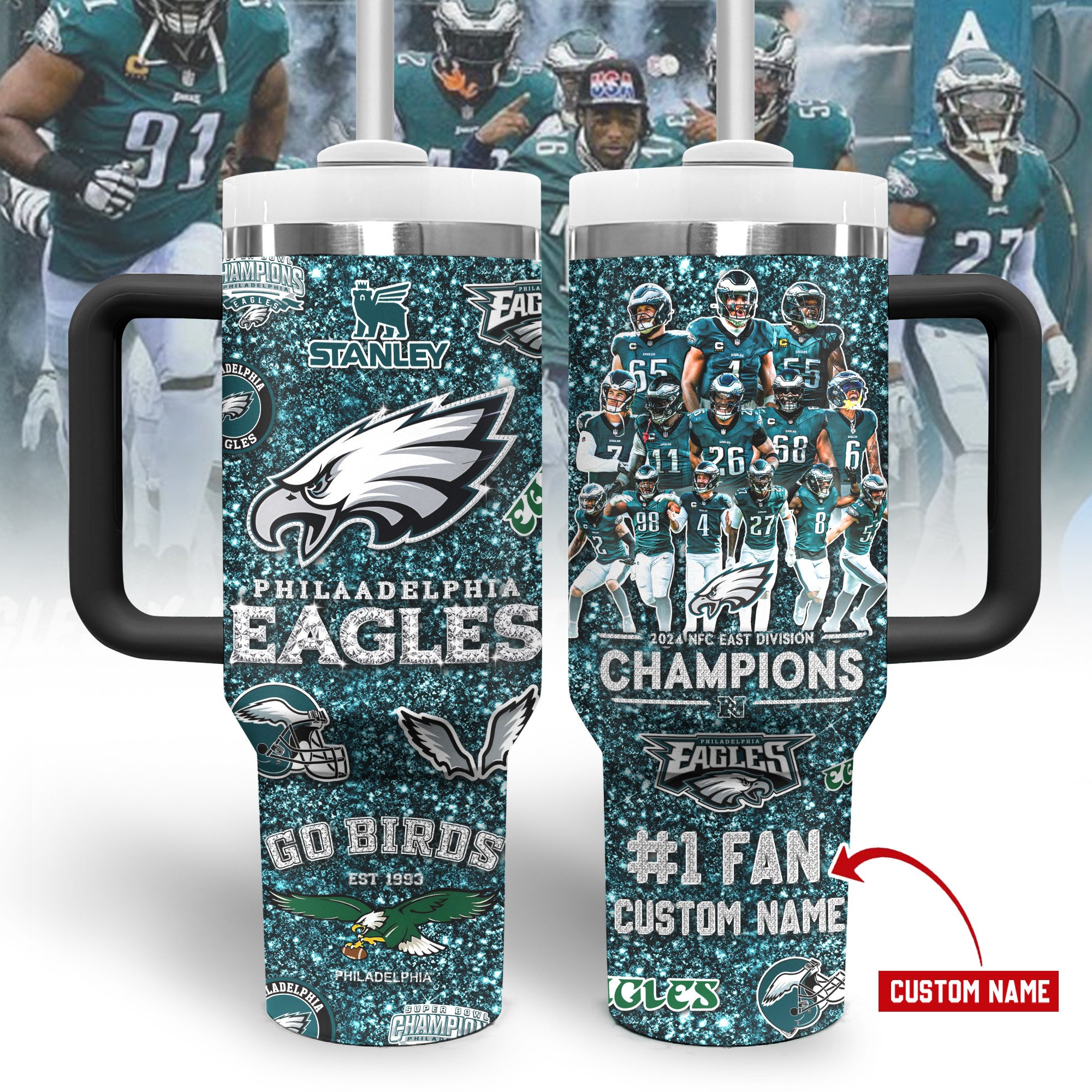 Philadelphia Eagles NFL Sports Custom Stanley Quencher 40oz Stainless Steel Tumbler With Handle