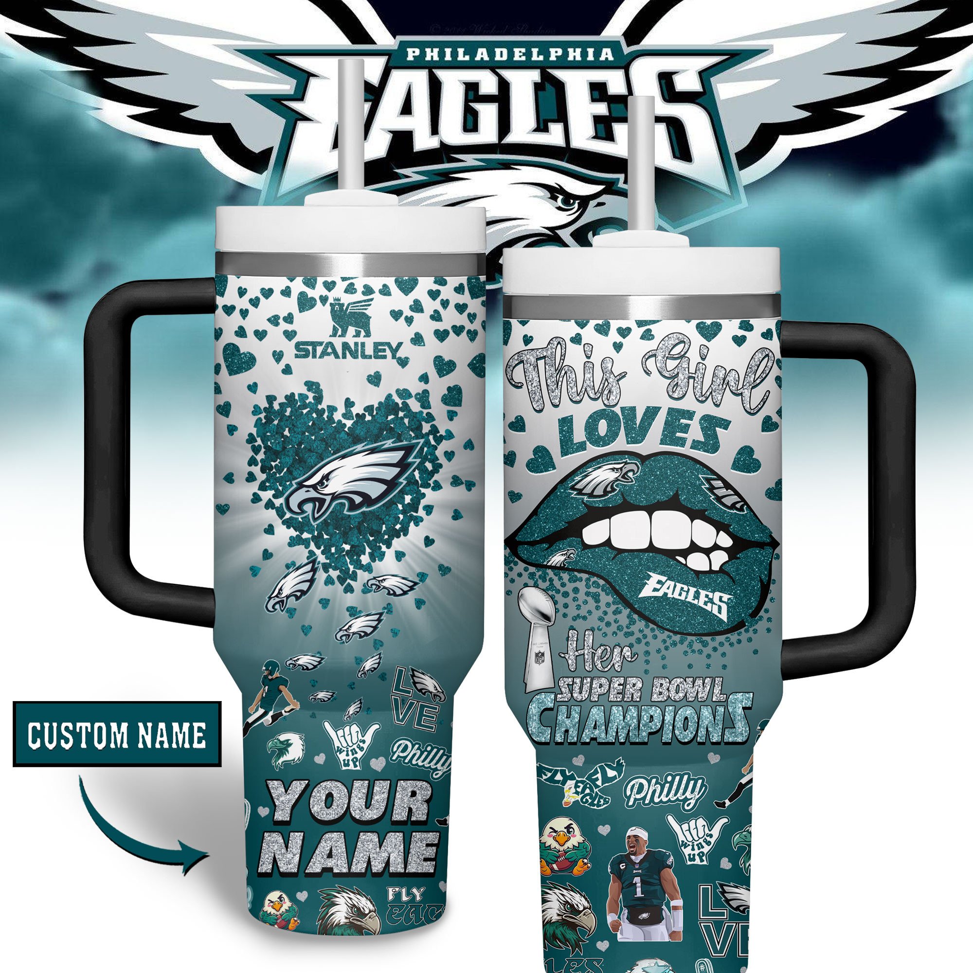 Philadelphia Eagles NFL Sports Custom Stanley Quencher 40oz Stainless Steel Tumbler With Handle