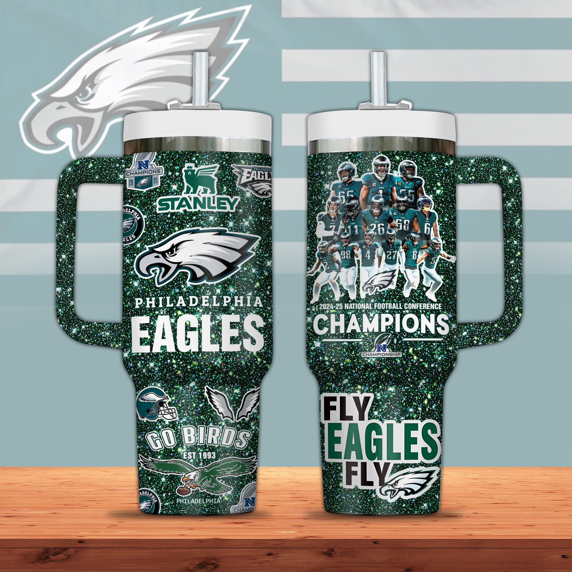 Philadelphia Eagles NFL Sports Custom Stanley Quencher 40oz Stainless Steel Tumbler With Handle