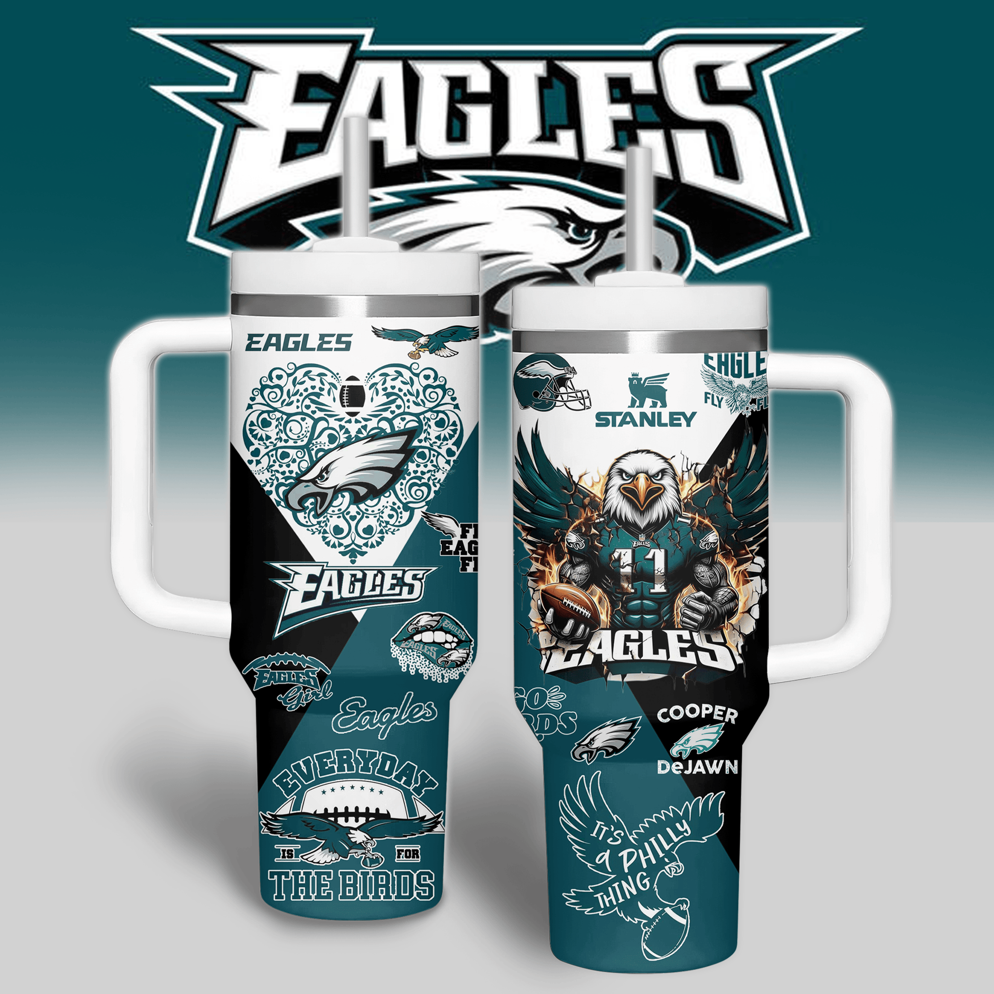 Philadelphia Eagles NFL Sports Custom Stanley Quencher 40oz Stainless Steel Tumbler With Handle