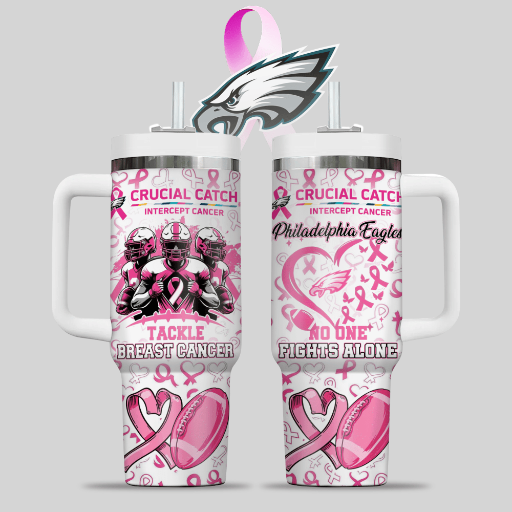 Philadelphia Eagles NFL x Breast Cancer Awareness Custom Stanley Quencher 40oz Stainless Steel Tumbler With Handle