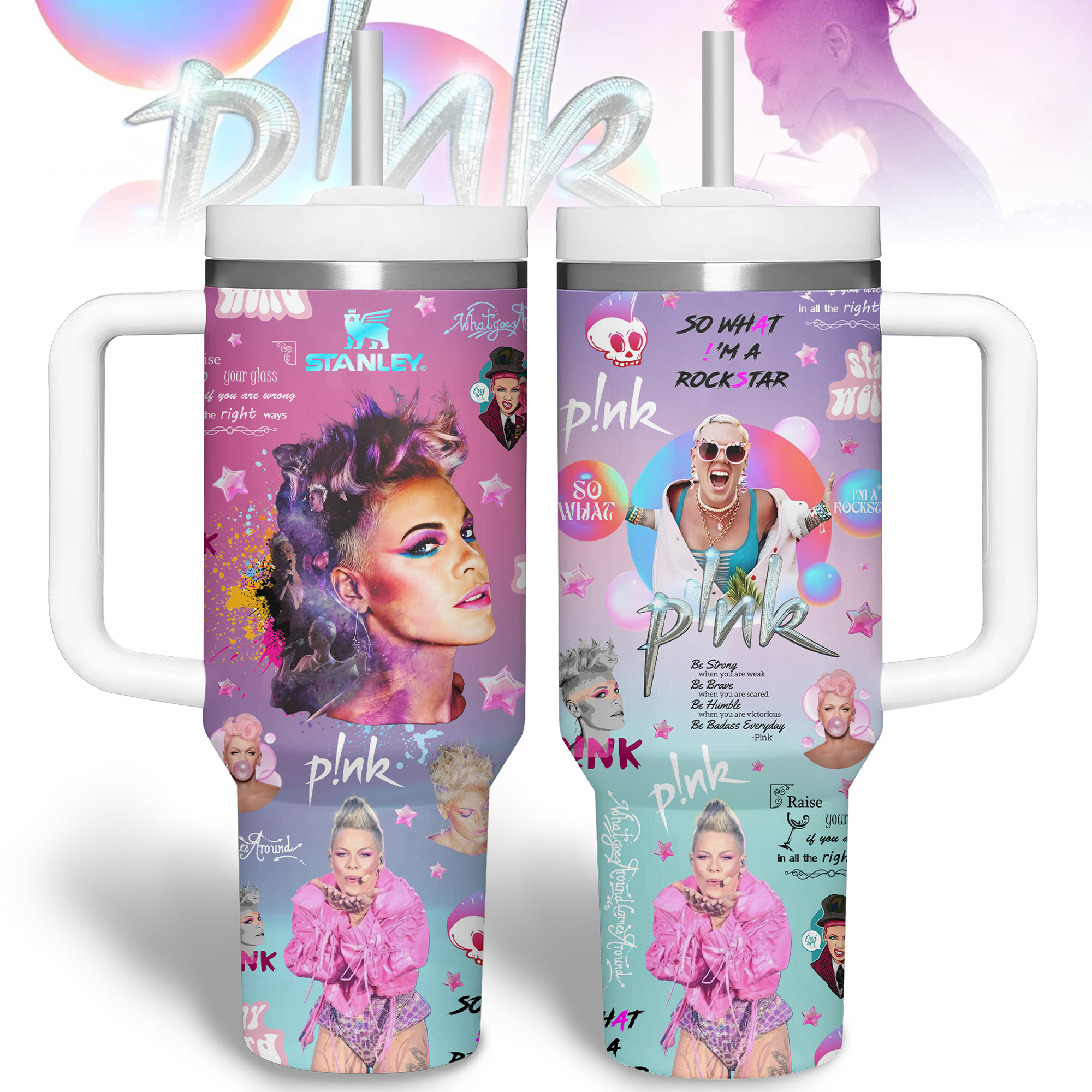 Pink Music Custom Stanley Quencher 40oz Stainless Steel Tumbler With Handle