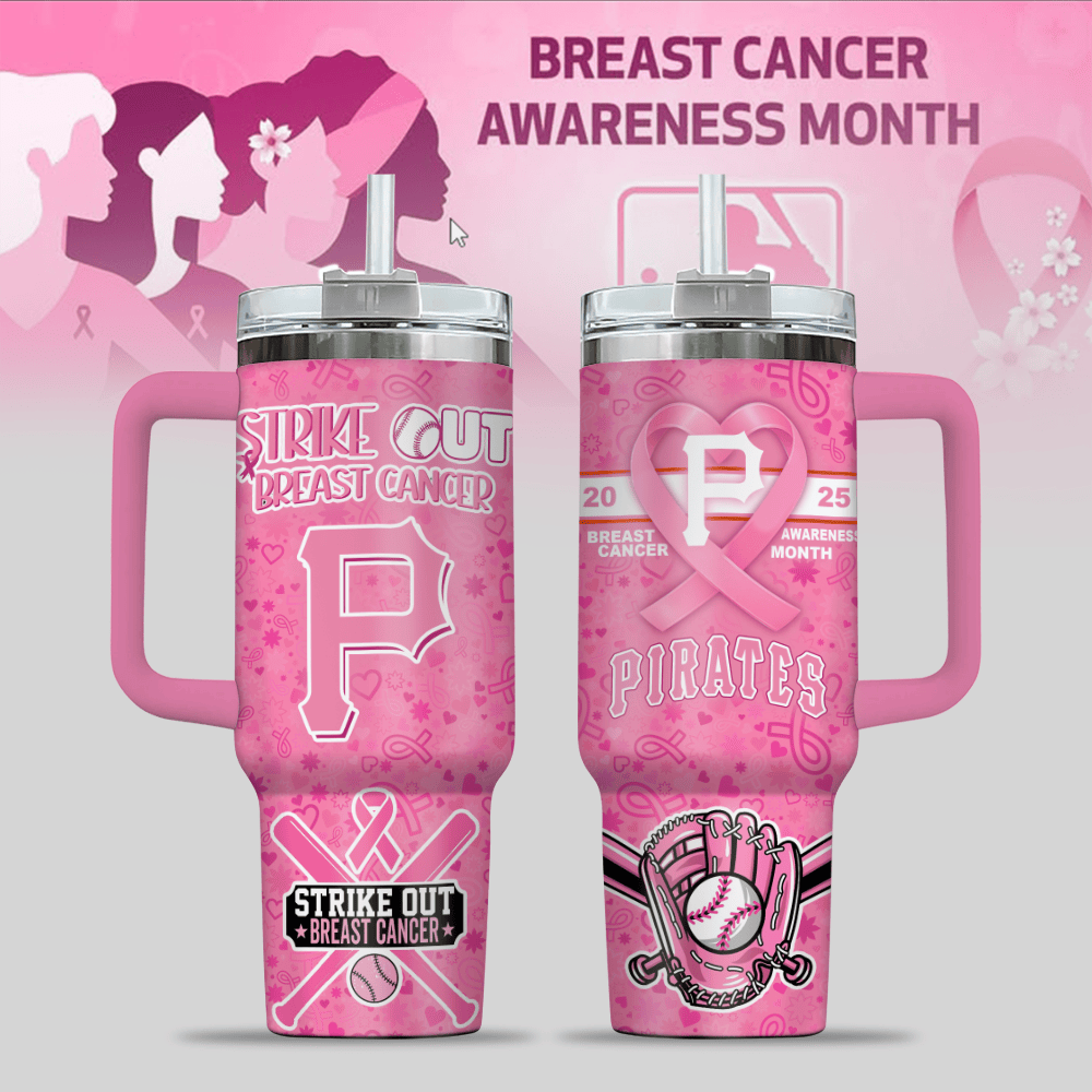 Pittsburgh Pirates MLB x Breast Cancer Awareness Custom Stanley Quencher 40oz Stainless Steel Tumbler With Handle