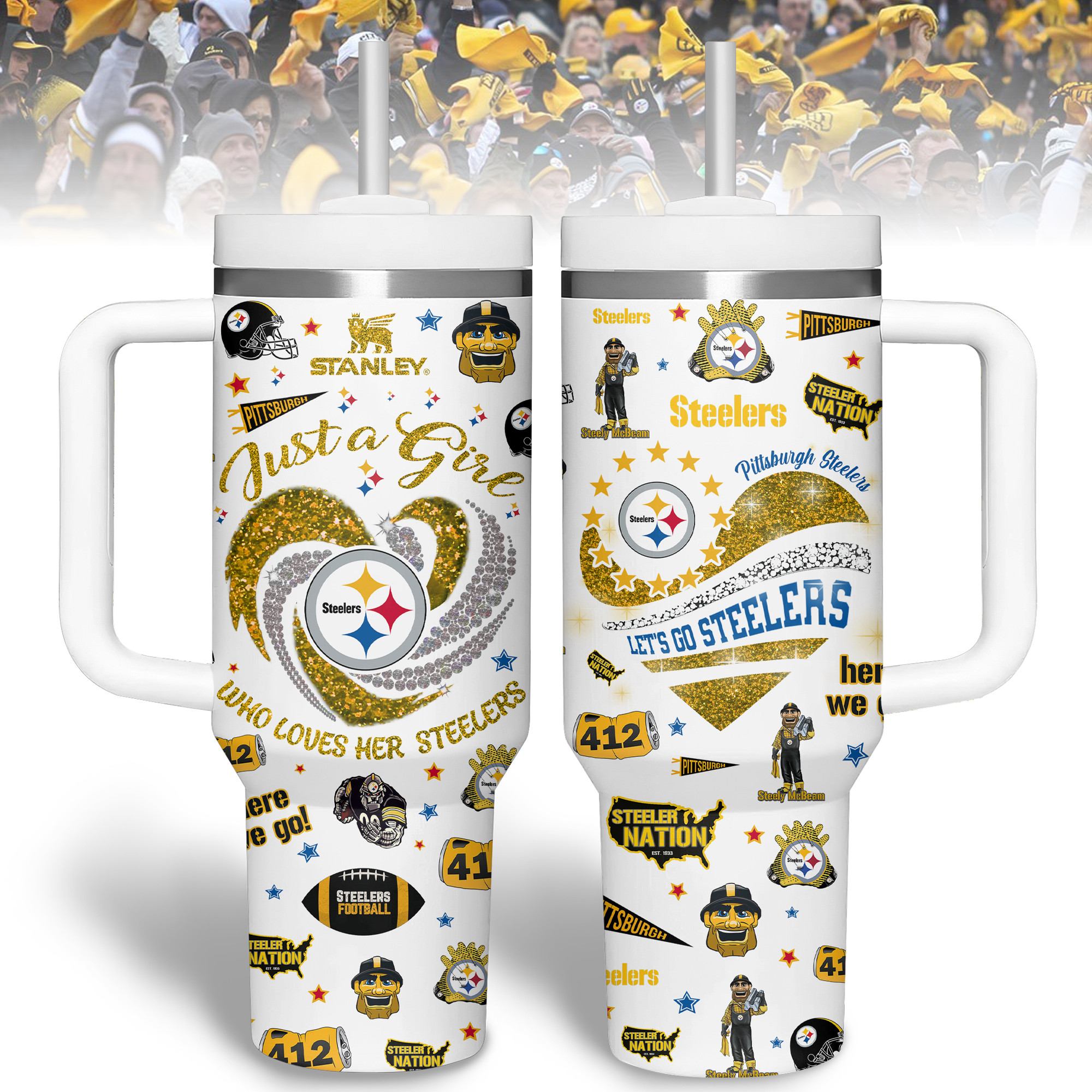Pittsburgh Steelers NFL Sports Custom Stanley Quencher 40oz Stainless Steel Tumbler With Handle