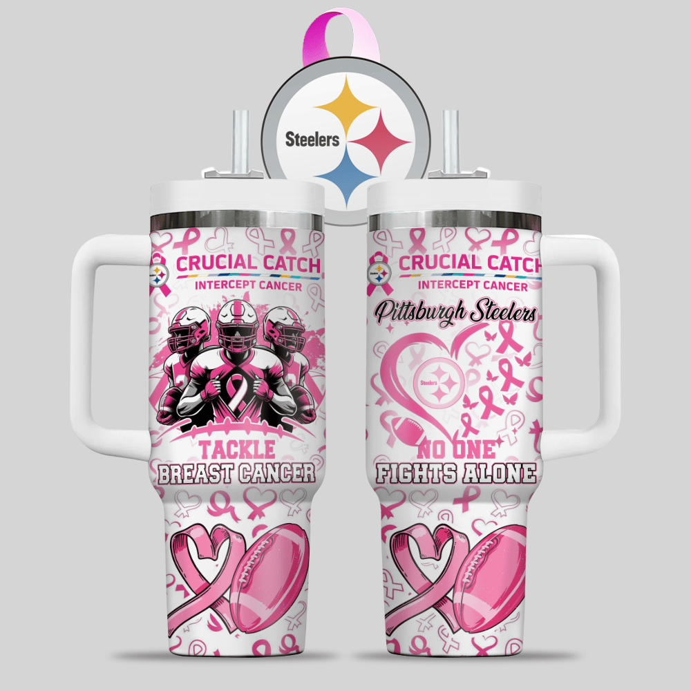 Pittsburgh Steelers NFL x Breast Cancer Awareness Custom Stanley Quencher 40oz Stainless Steel Tumbler With Handle