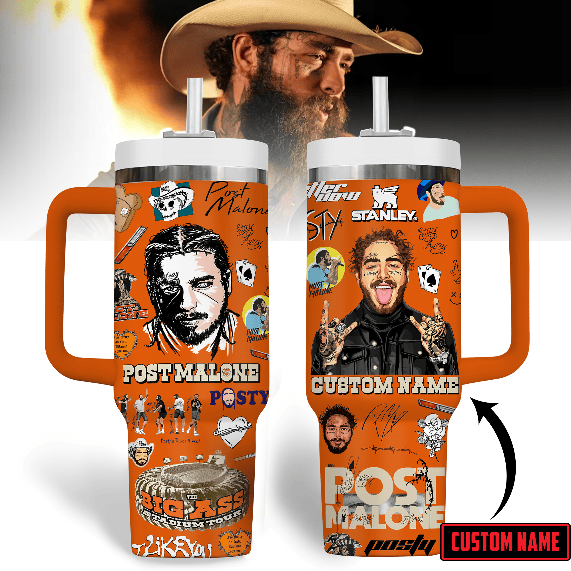Post Malone Music Custom Stanley Quencher 40oz Stainless Steel Tumbler With Handle