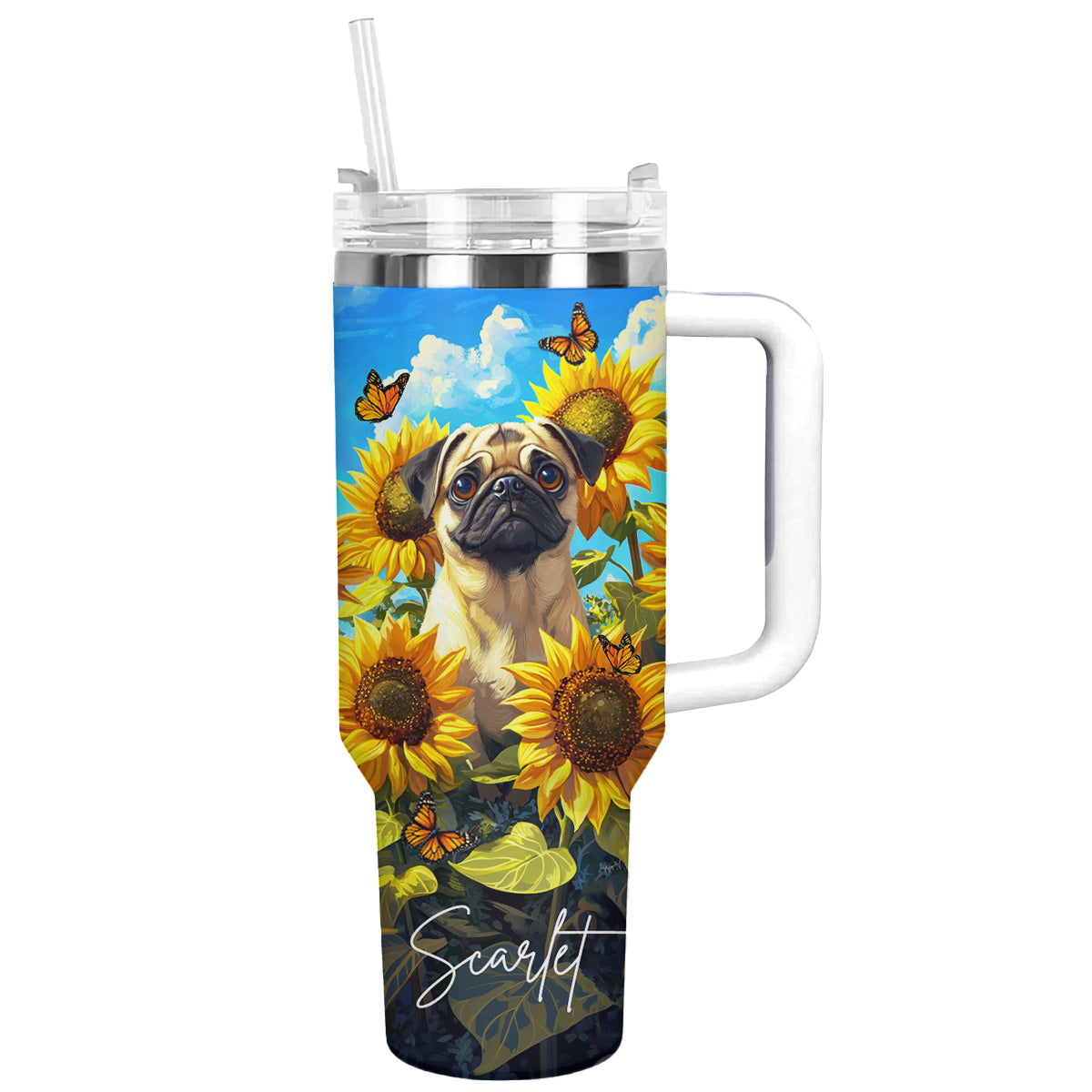 Pug Dog And Sunflower Custom Stanley Quencher 40oz Stainless Steel Tumbler With Handle