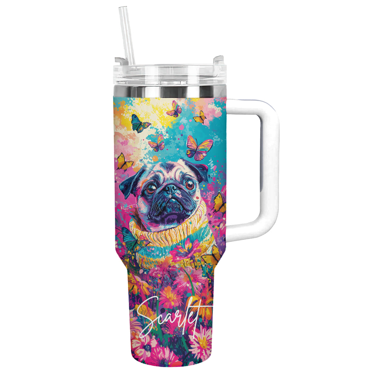 Puggy Dog Floral Paradise Custom Stanley Quencher 40oz Stainless Steel Tumbler With Handle
